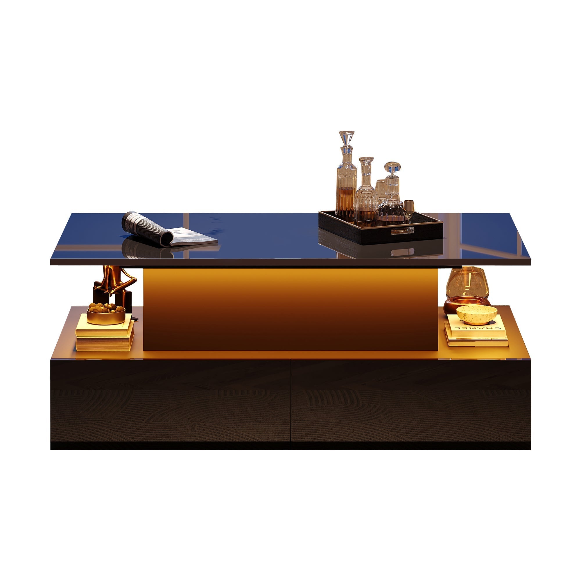 LED High Gloss Coffee Table, 4 Drawers, Lift Top, Storage, Rectangular, Black