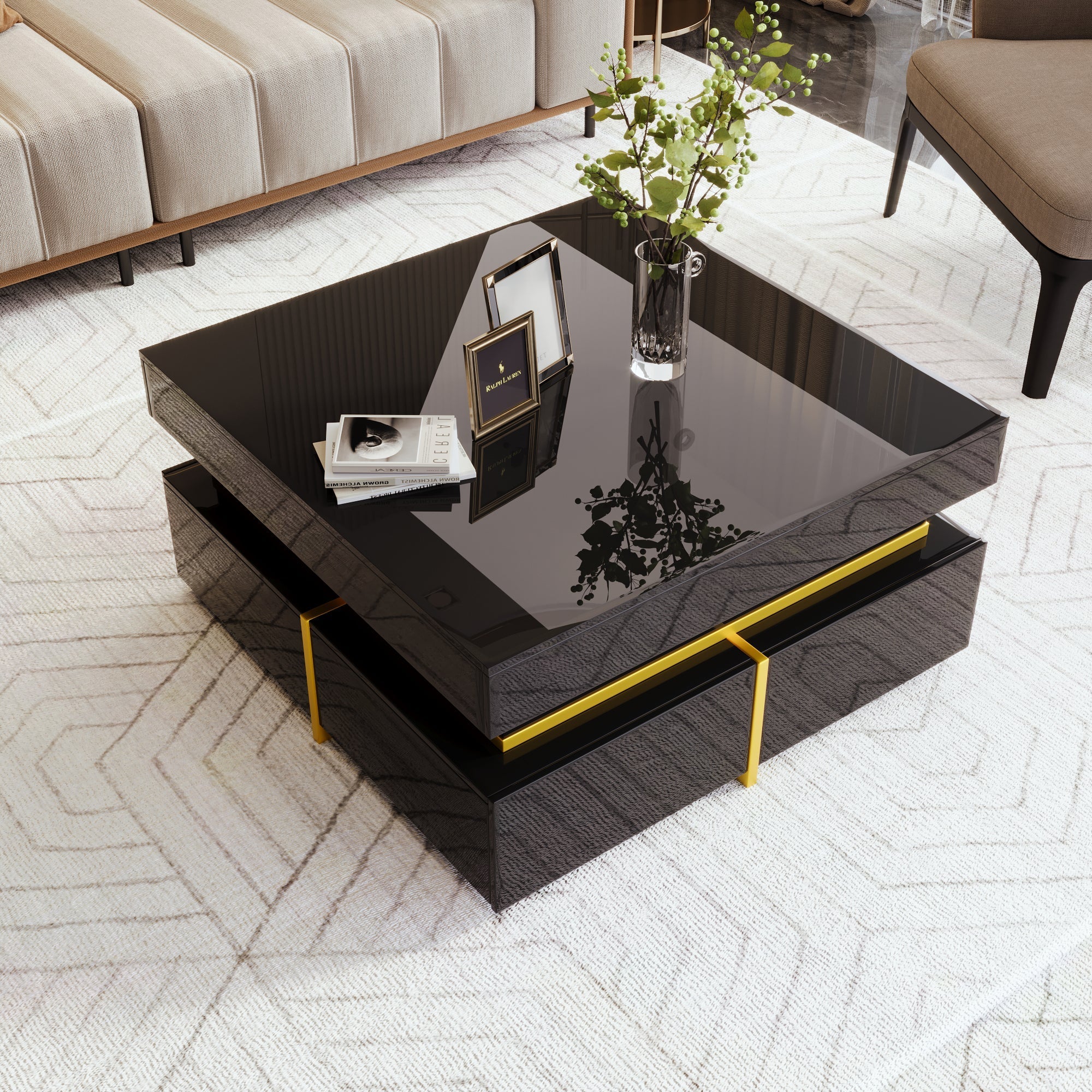 Coffee Table, High-Gloss, with Drawers, Gold Accents