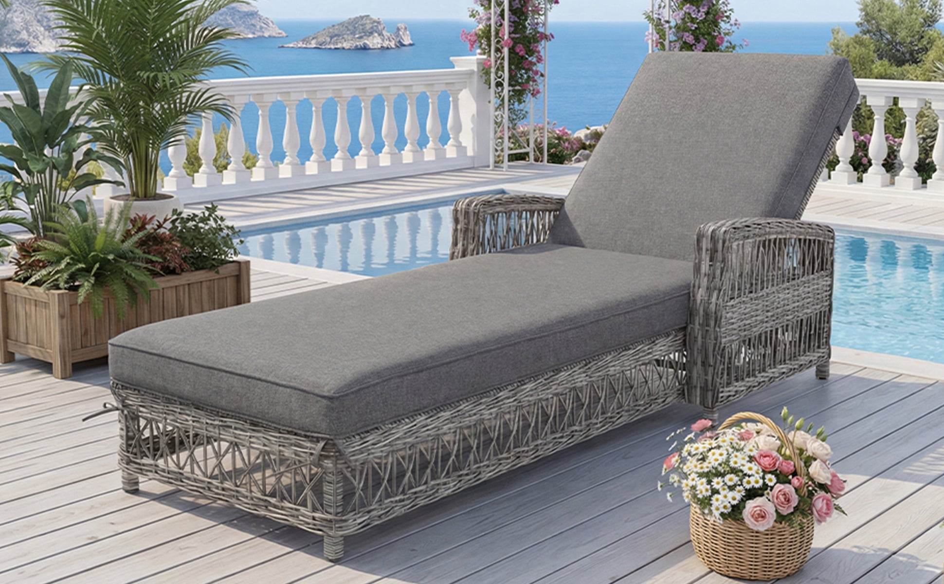 Outdoor Rattan Lounger with Adjustable Backrest and Removable Cushion, Grey Rattan