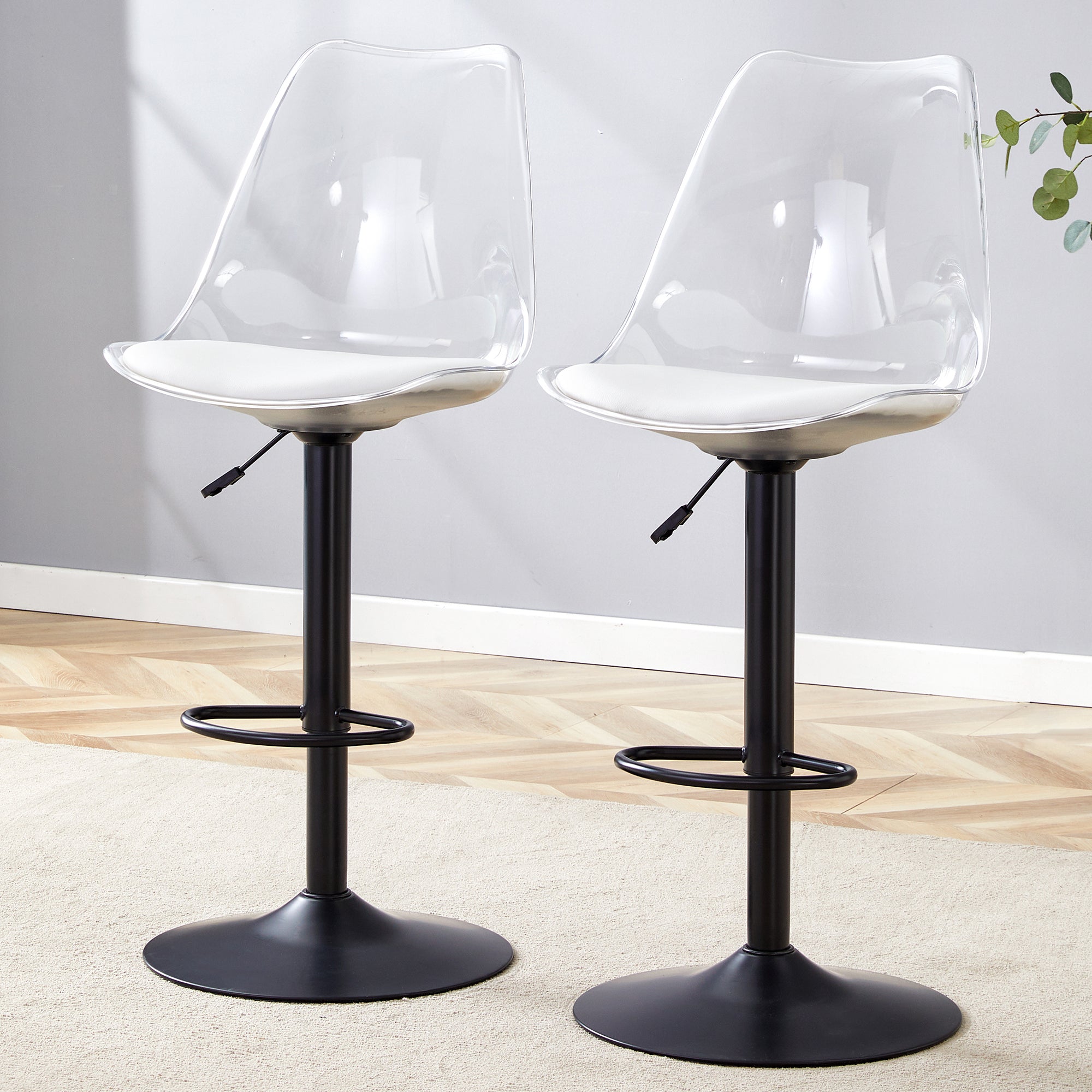 Bar Stool Set of 2 Adjustable Swivel PU Leather Transparent Back - Black Metal/PU