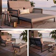 Garden Lounger with Woven Iron Armrests and Glass Coffee Table, Grey