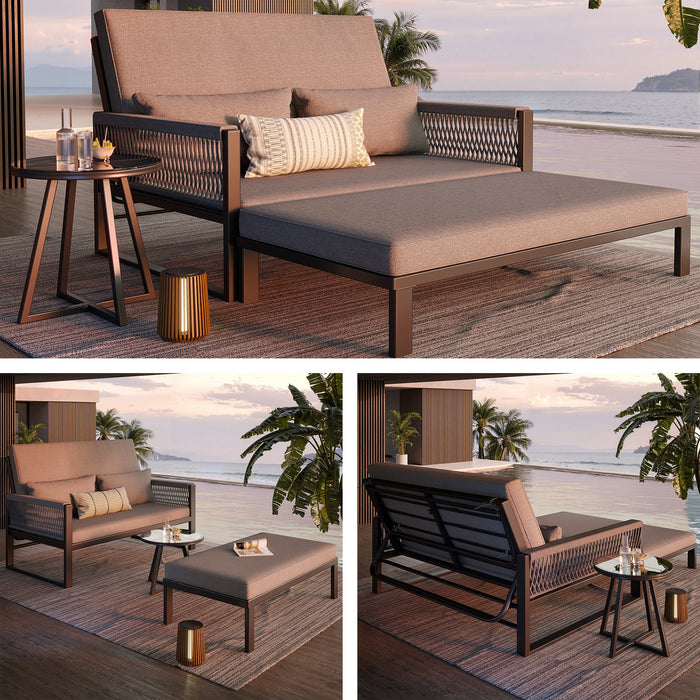 Garden Lounger with Woven Iron Armrests and Glass Coffee Table, Grey