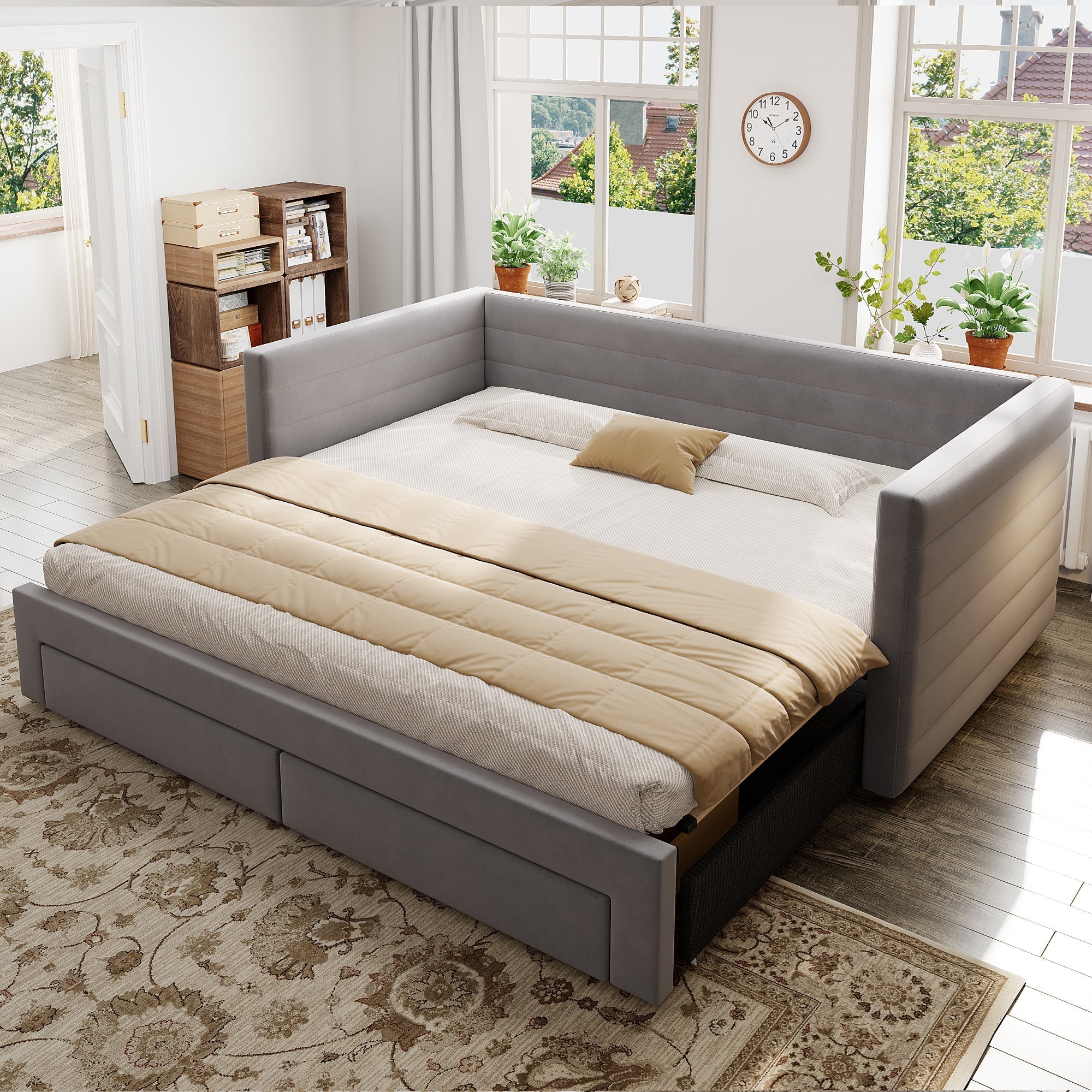 3-in-1 Upholstered Sofa Bed, Extendable with Drawers and Slatted Base, Grey Cotton and Linen