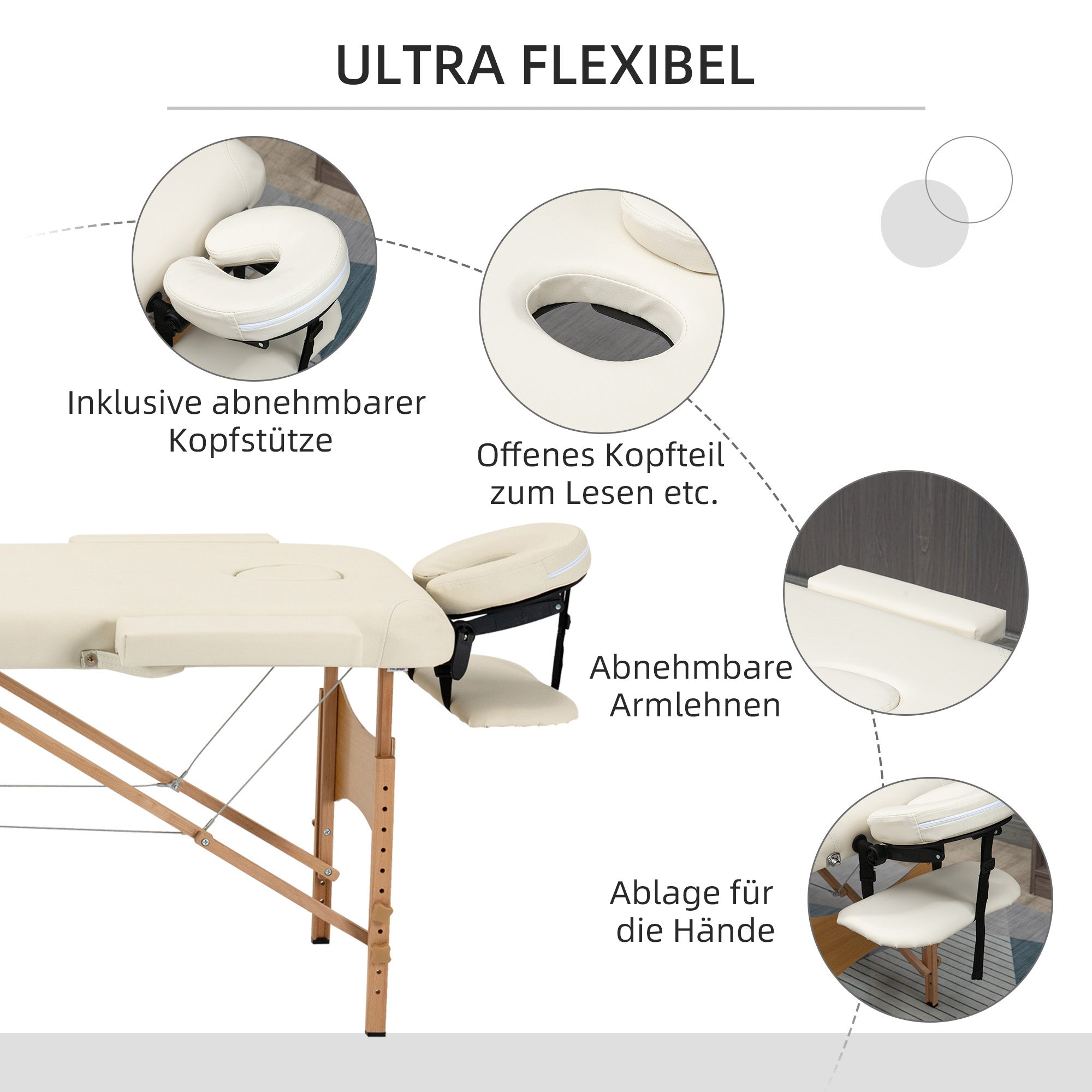Massage Table, Foldable Height-Adjustable with Headrest, Artificial Leather Wood Cream