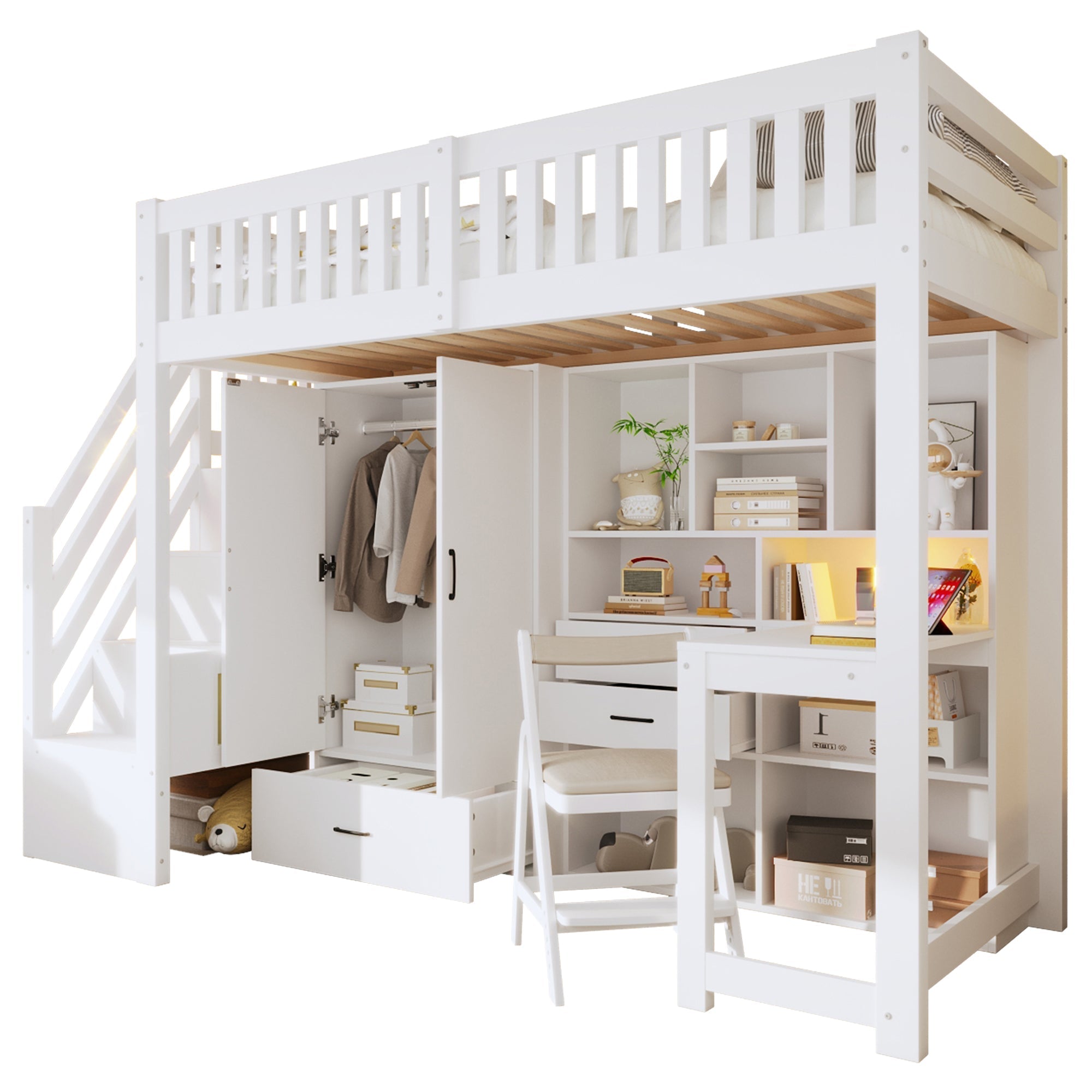 Loft Bed with Wardrobe, Desk and Storage Ladder, White