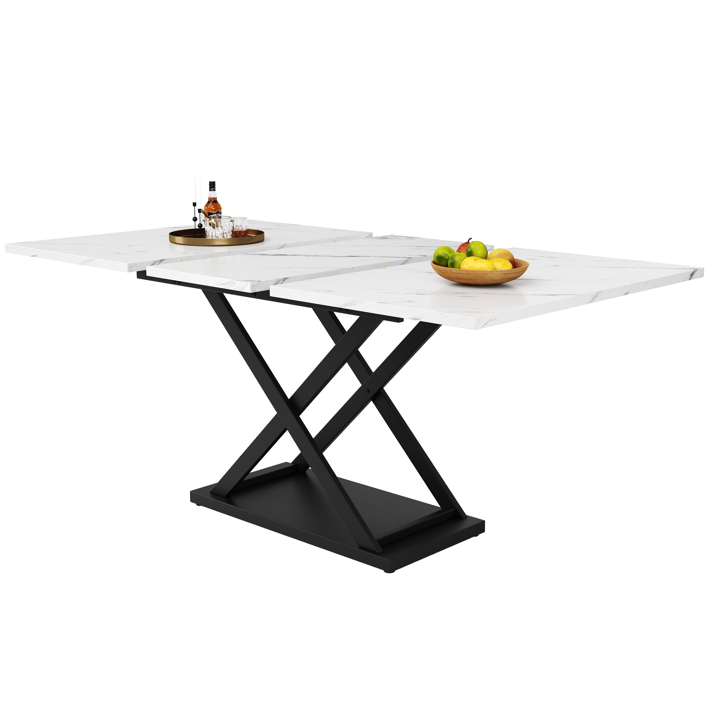 Telescopic Dining Table Extendable 120-160x80cm Crossed Iron Legs - White Marble/Black