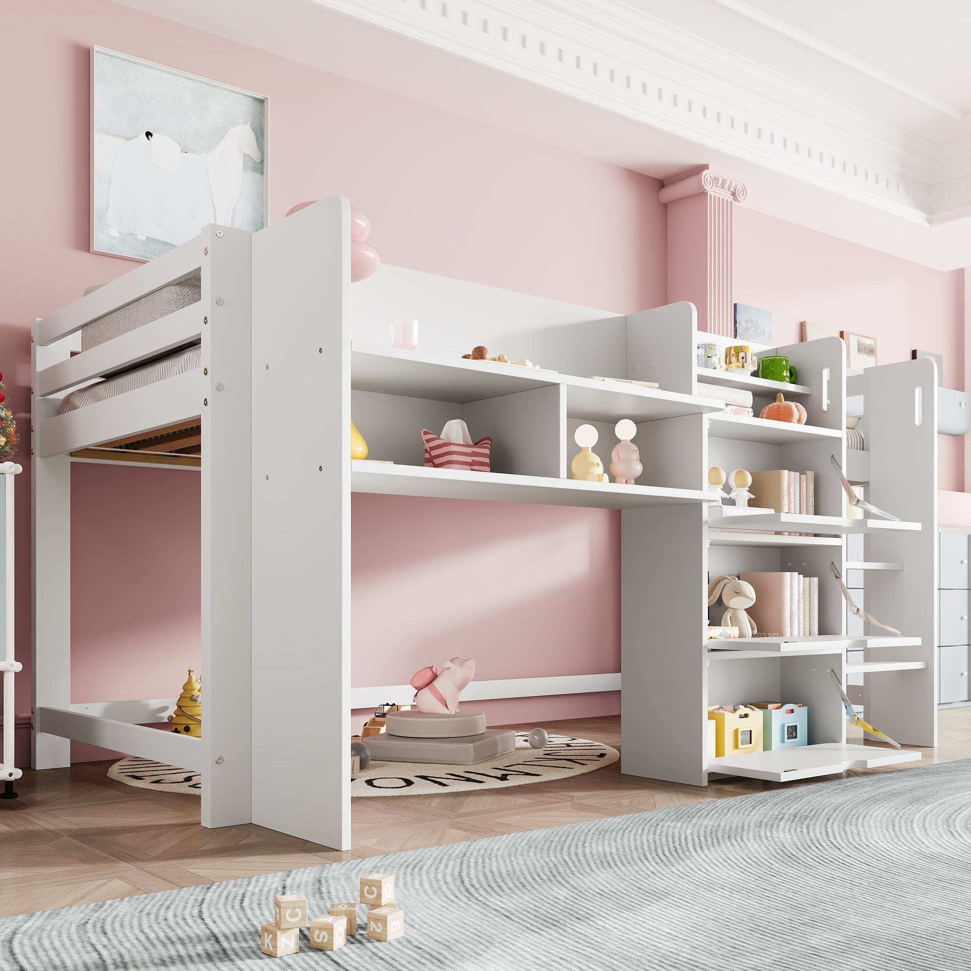 Mid-height Bed 90x200cm House Shape Storage Entertainment Area, White