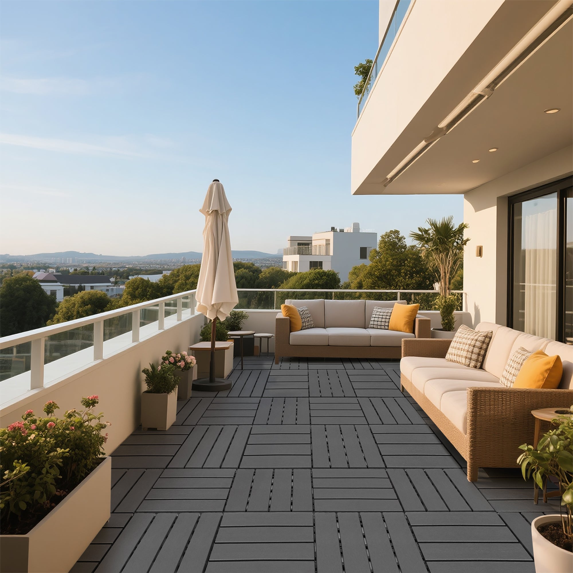 Plastic Interlocking Deck Tiles 44 Pack 12x12 Square Waterproof Outdoor Dark Grey