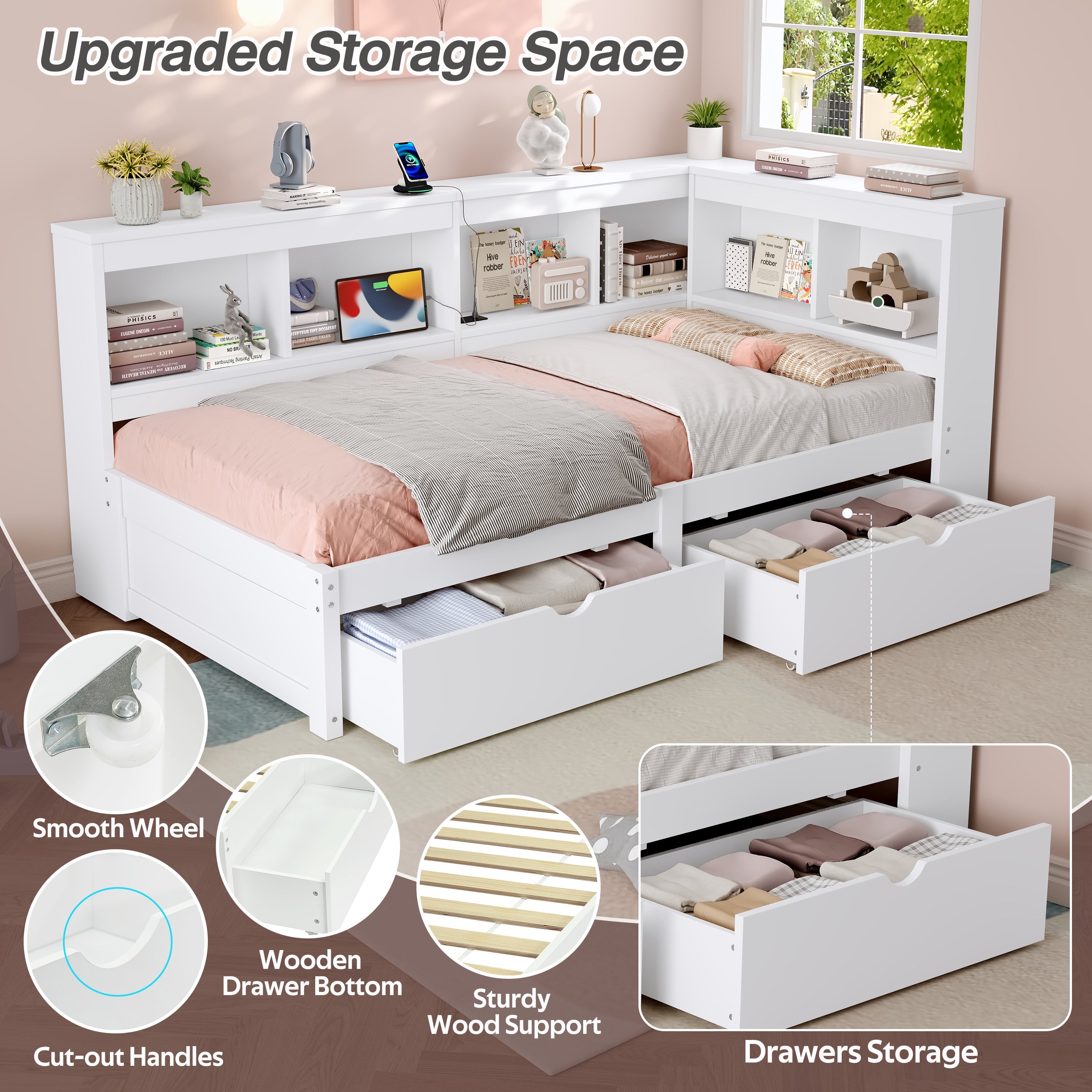3ft Single L-Shape Daybed with Two Storage Drawers, Bookcase Storage, and Charging Station, Wood White