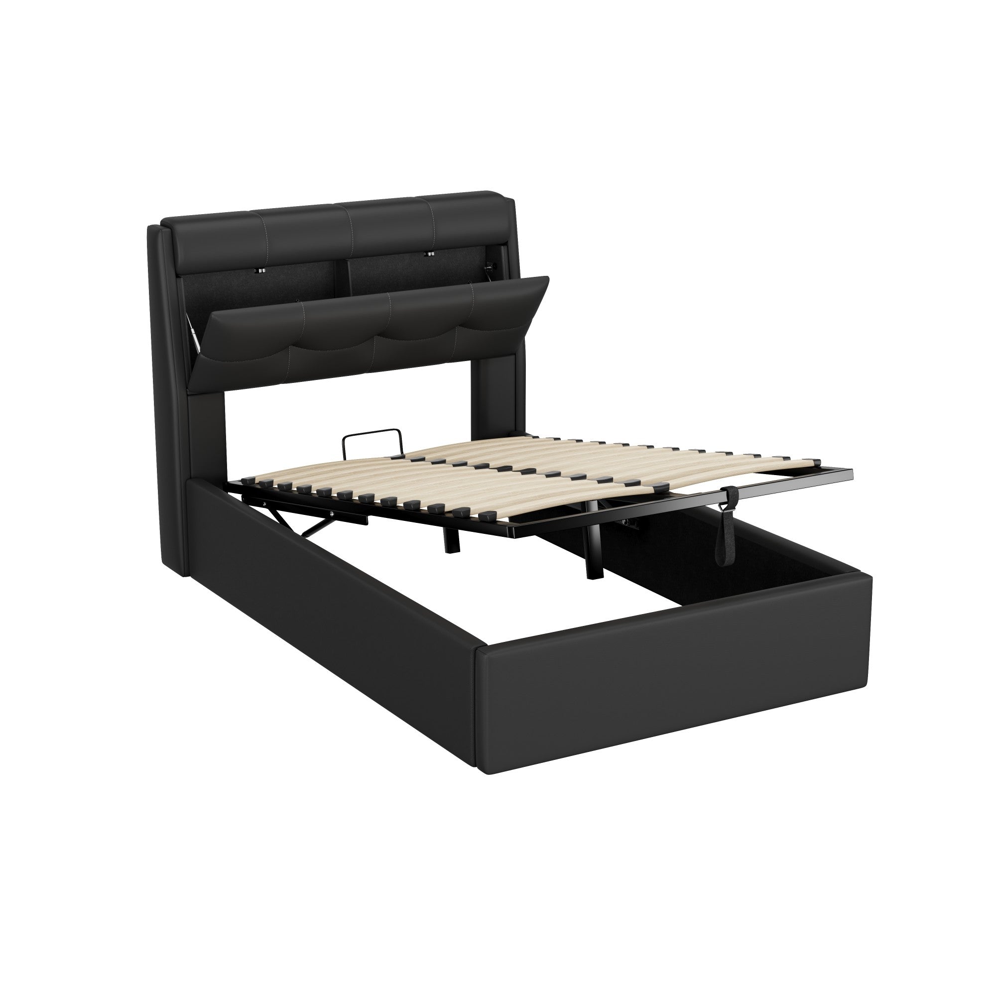 Upholstered Bed 90x200 Hydraulic Storage Concealed Headboard - PU Black