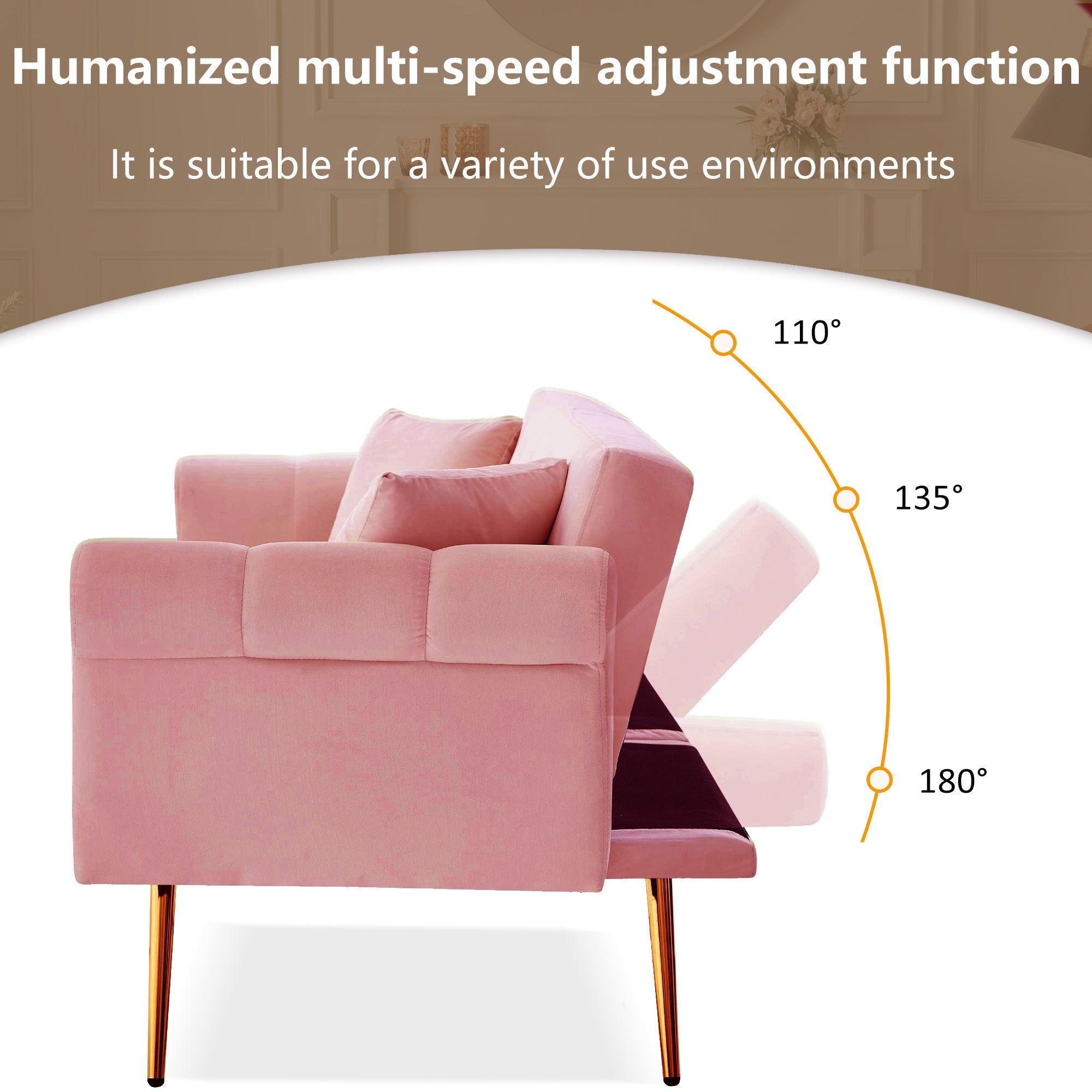 Modern 2-Seater Sofa Bed, Adjustable Backrest, Gold-Plated Metal Feet, Velvet