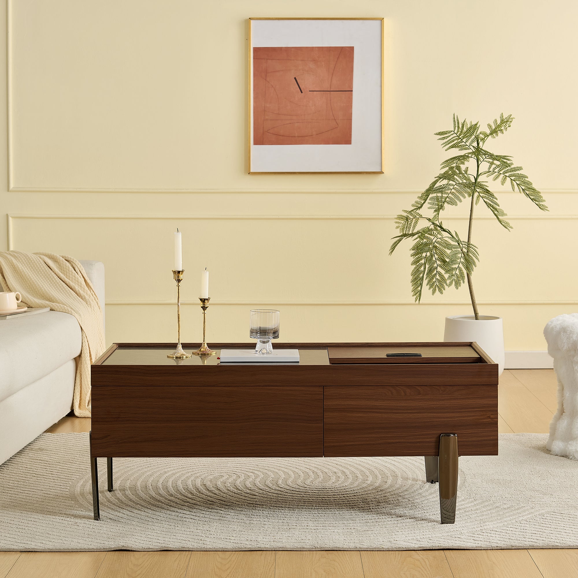 Modern Coffee Table with Drawers, Glass Top & Storage, Dark Brown Wood & Marble-Effect