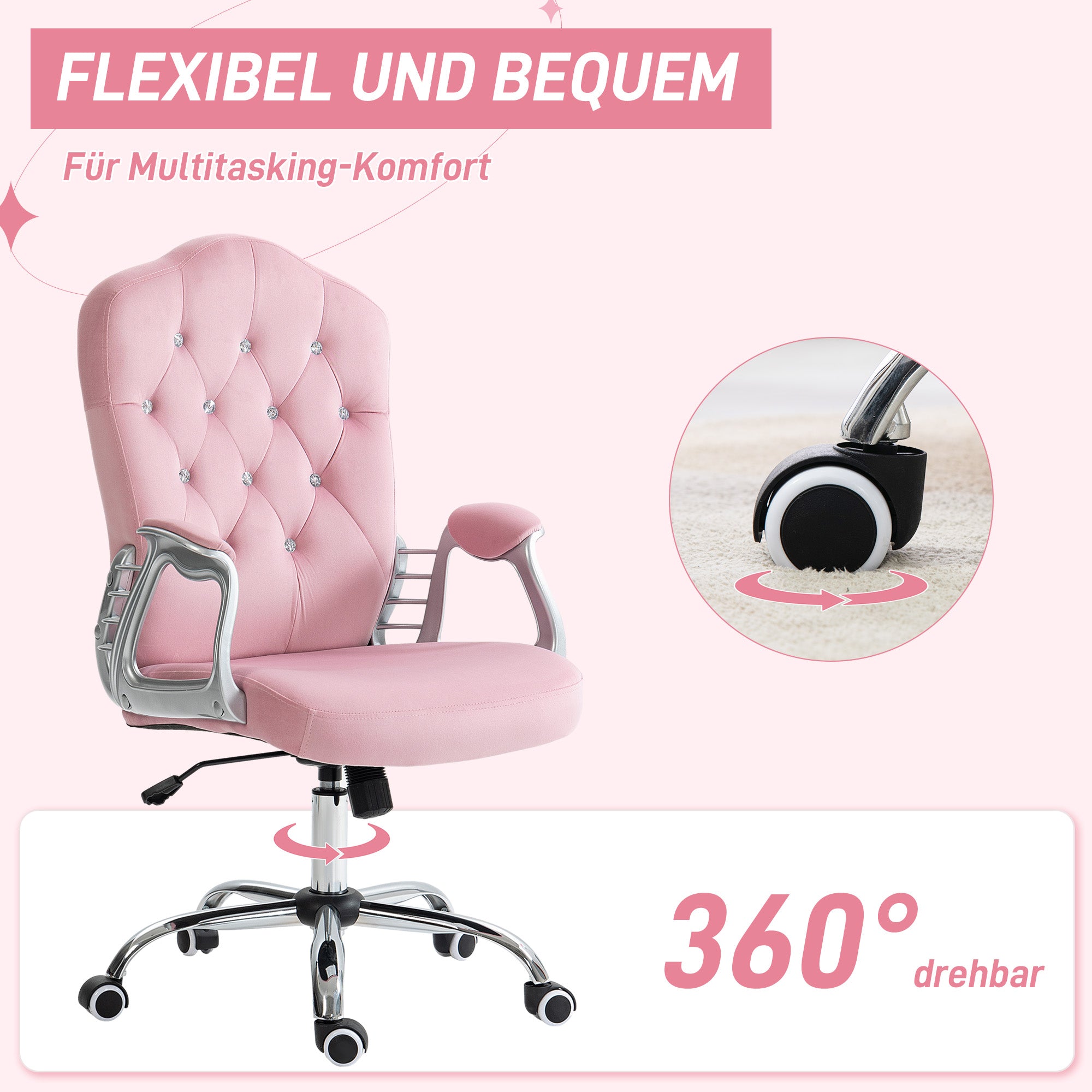 Bürostuhl, ergonomisch, höhenverstellbar mit Wippfunktion, Rosa