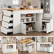 Kitchen Island Sideboard with 6 Drawers and Bar Stools, White and Black