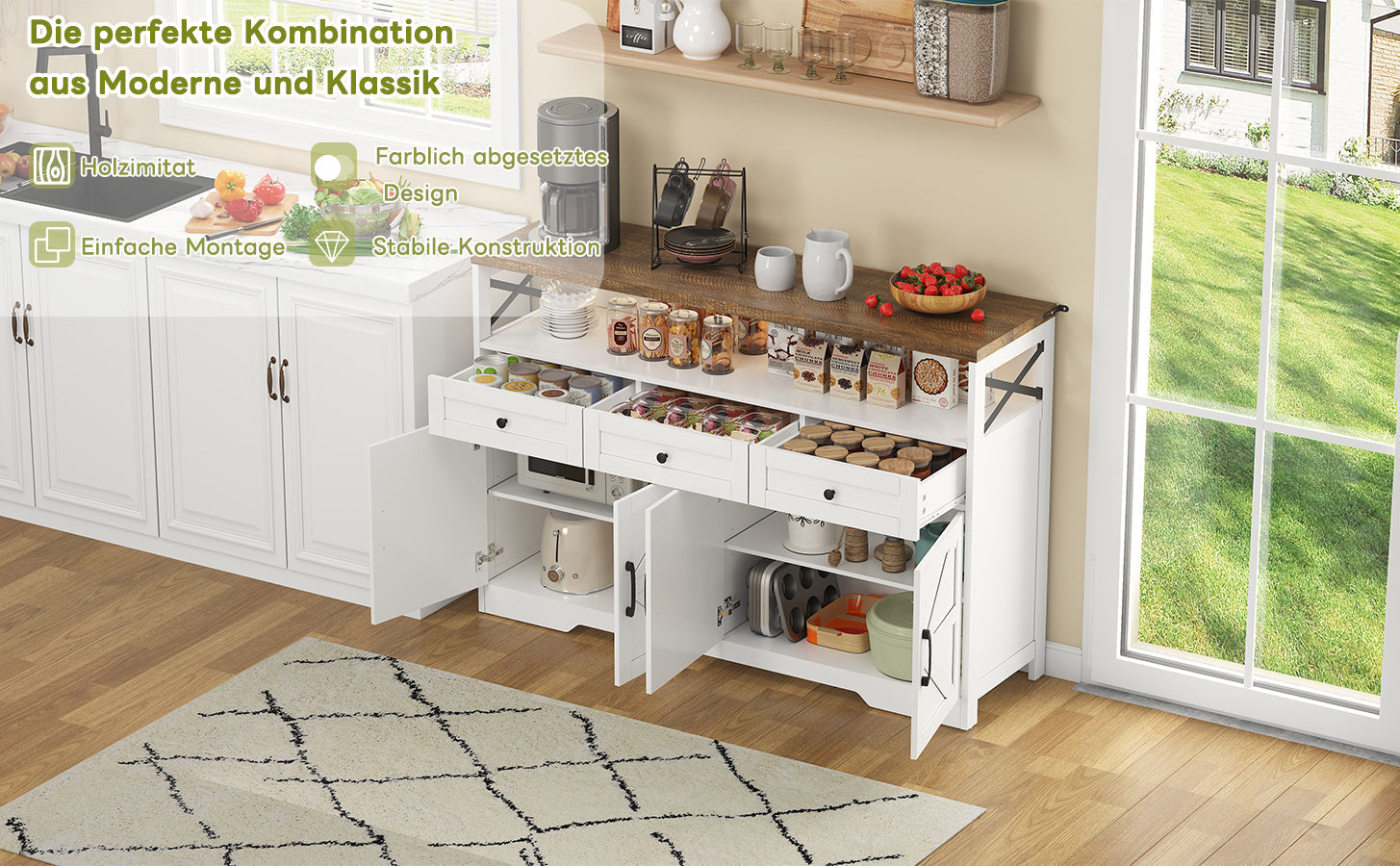 Buffet Sideboard 140cm 3 Drawers Shelves Storage Country Style - White/Brown