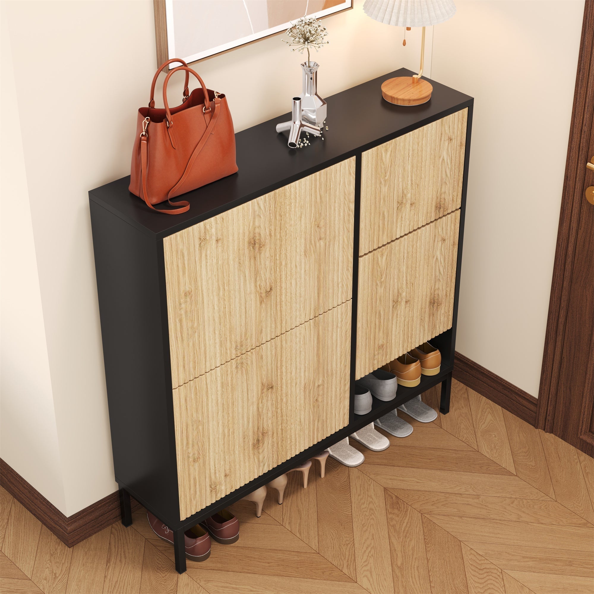 Shoe Cabinet with Changing Stool, 3 Flaps & Open Storage, Black + Wood Color