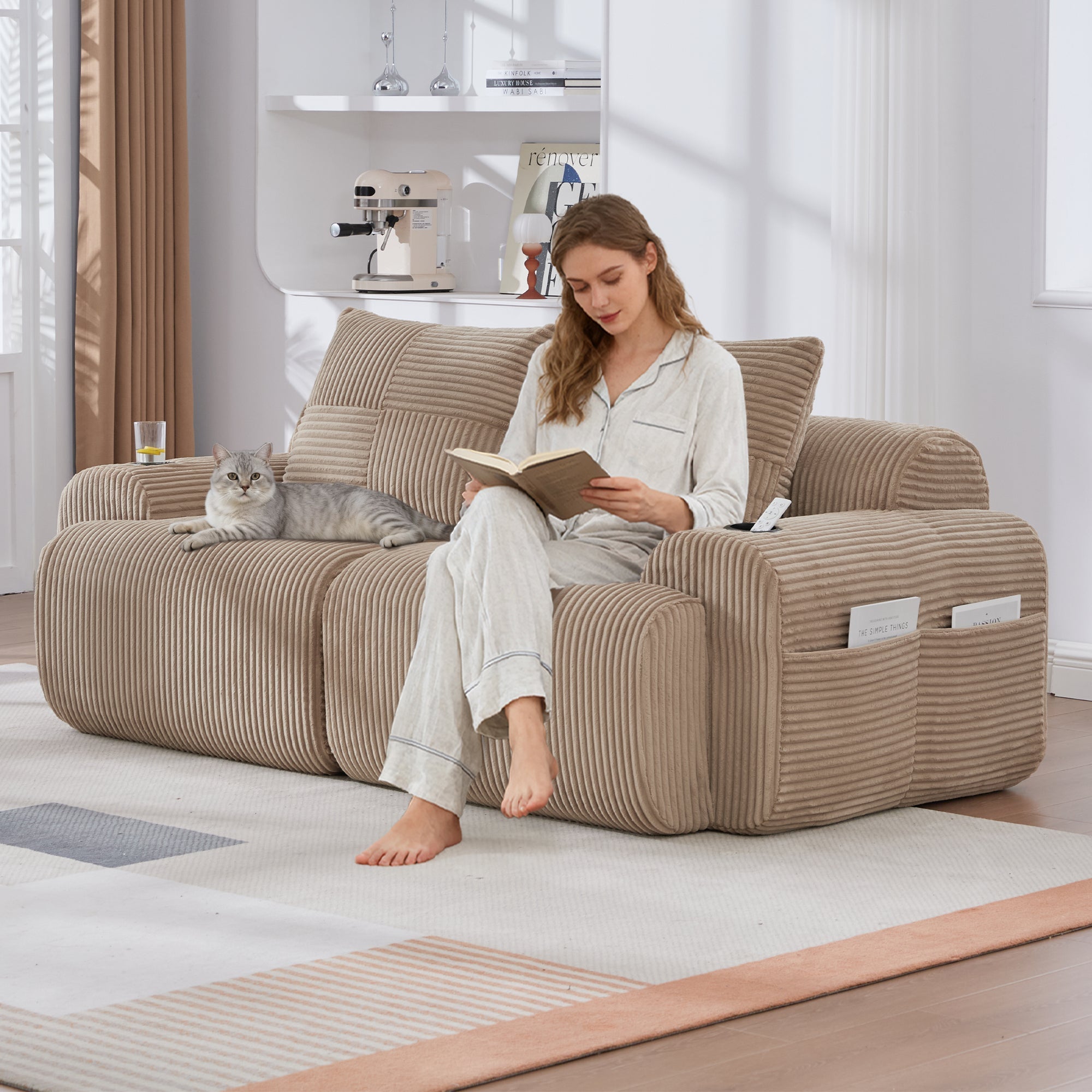 Modular 2-Seater Sofa with Cup Holder and Storage Pocket, Khaki Corduroy
