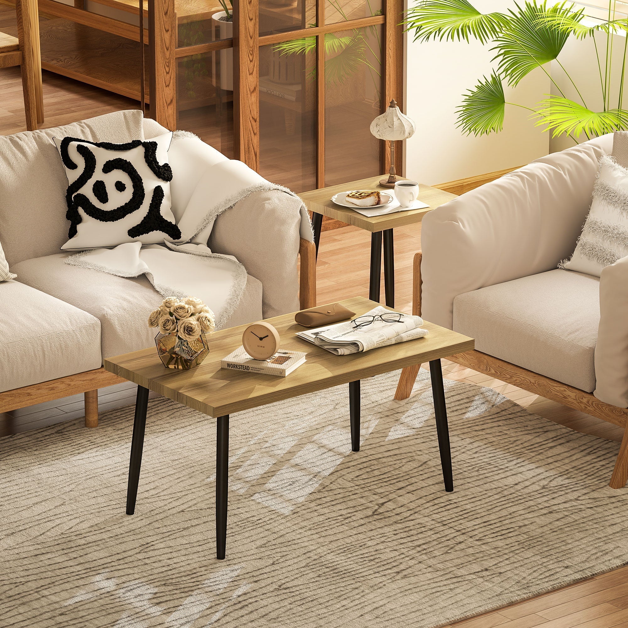 Coffee Table Set of 2, Side Tables with Steel Frame, Natural