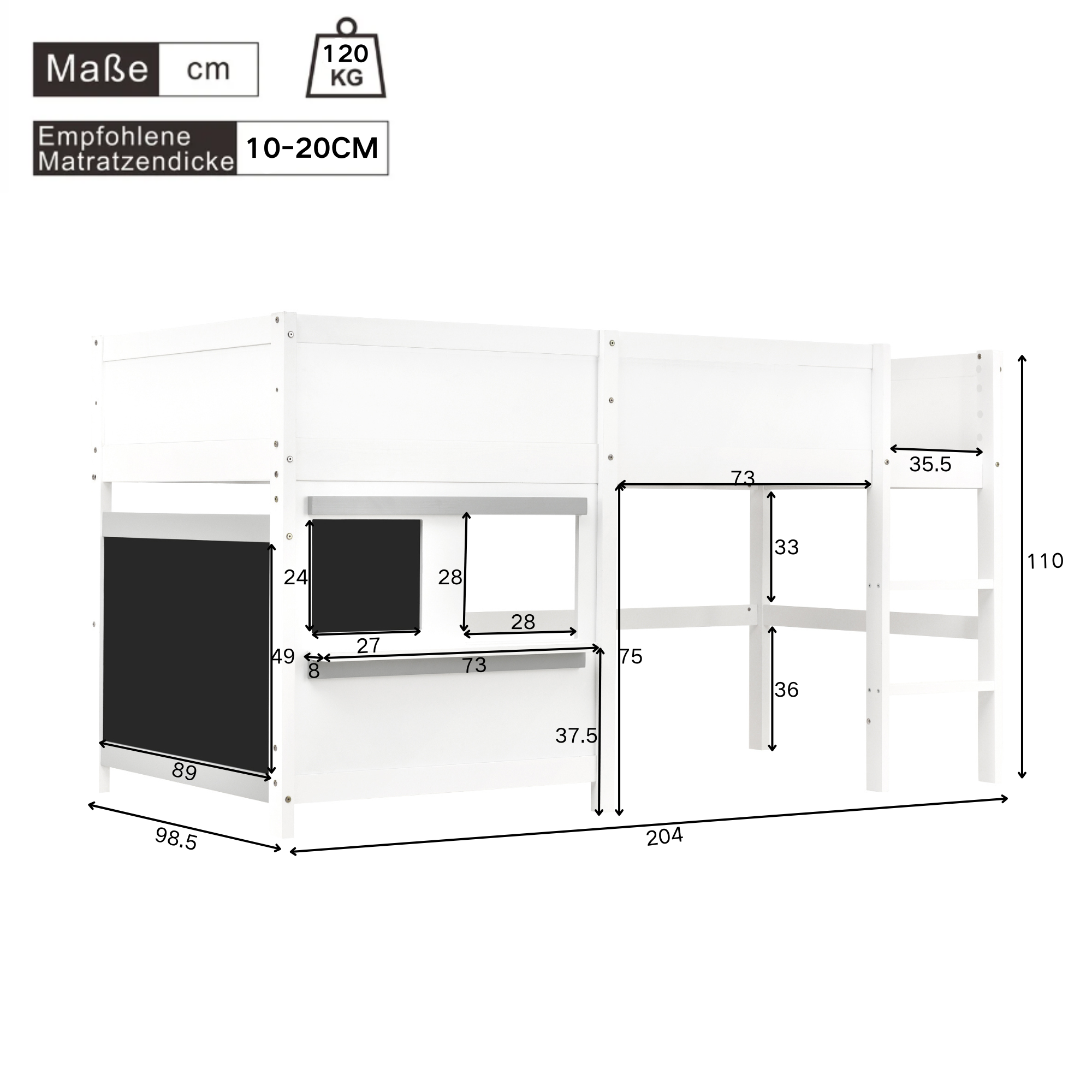 House Bunk Bed 90x200cm Graffiti Boards Small Shelf - White