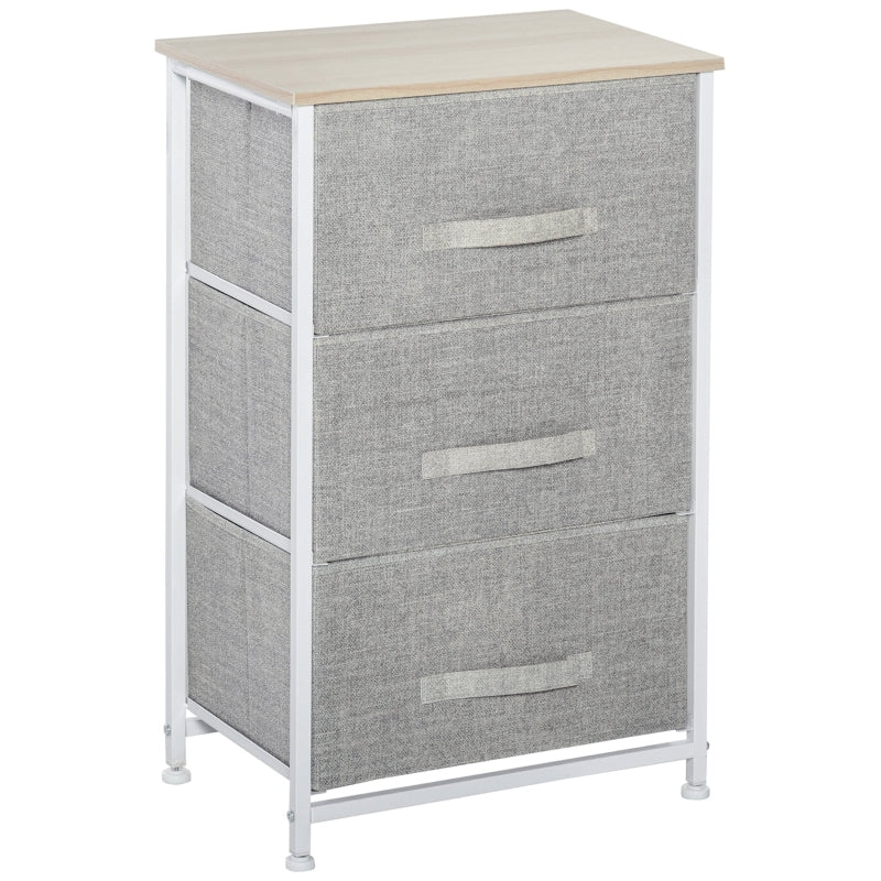 Vertical 3-Tier Linen Drawer Dresser Tower Organizer, Metal Frame Adjustable Feet, White, Oak and Light Grey