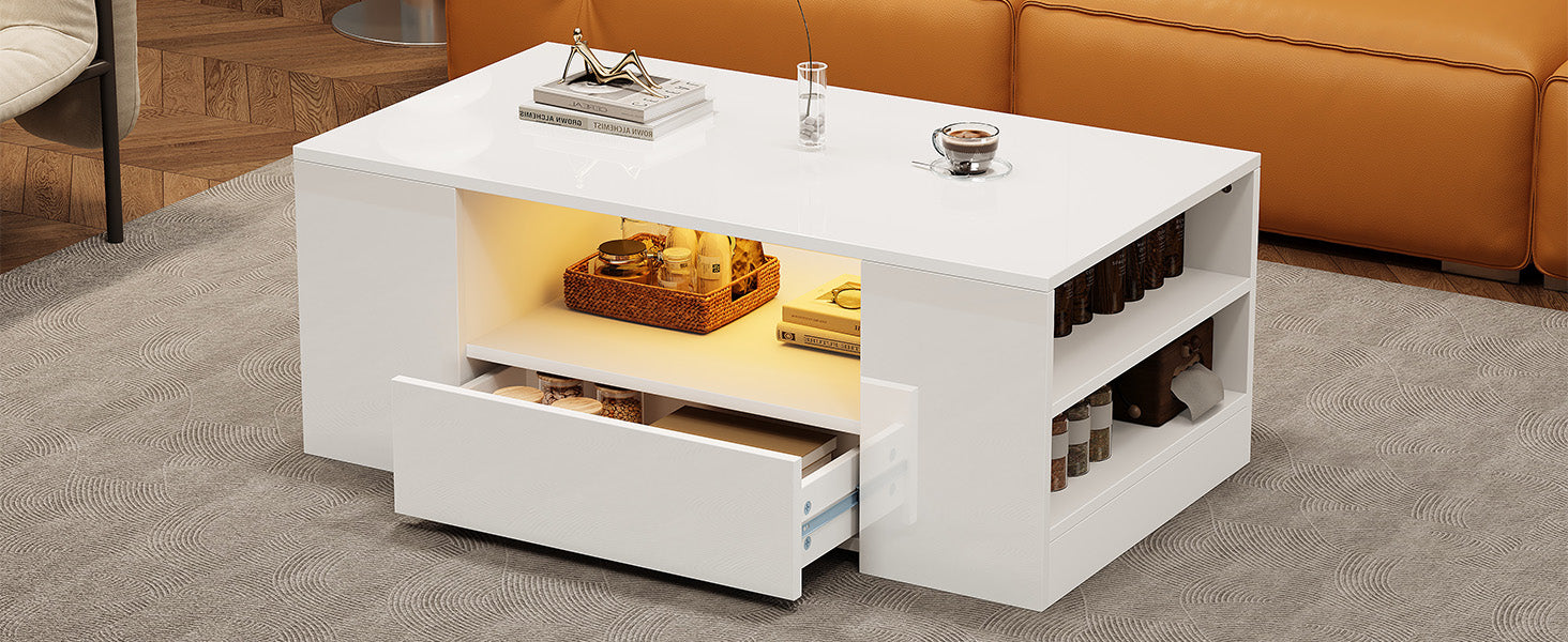 Modern High-Gloss Coffee Table with 2 Drawers and 2 Shelves, White