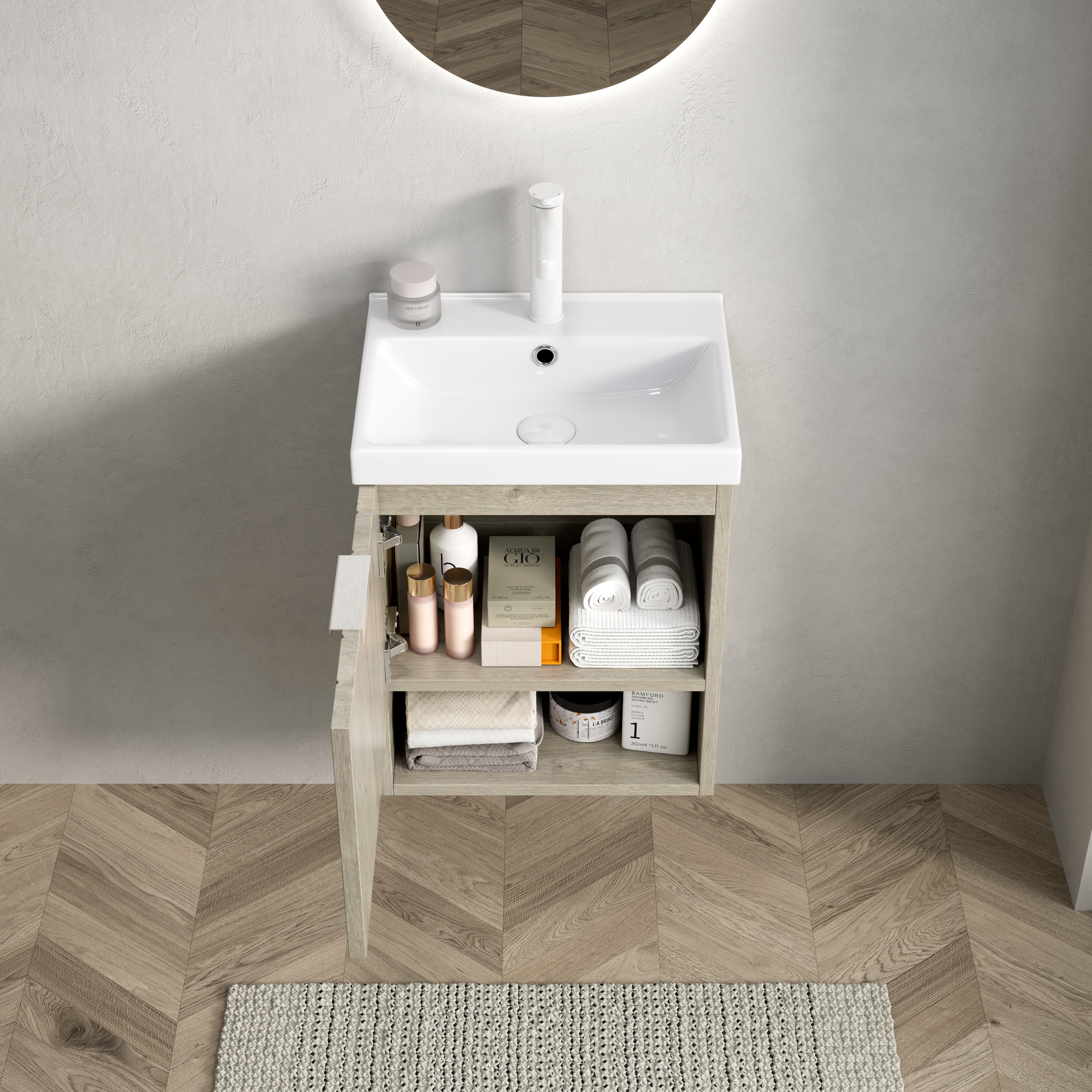 Bathroom Vanity Unit with Ceramic Sink and Open Shelf, Oak Cream Wood Grain