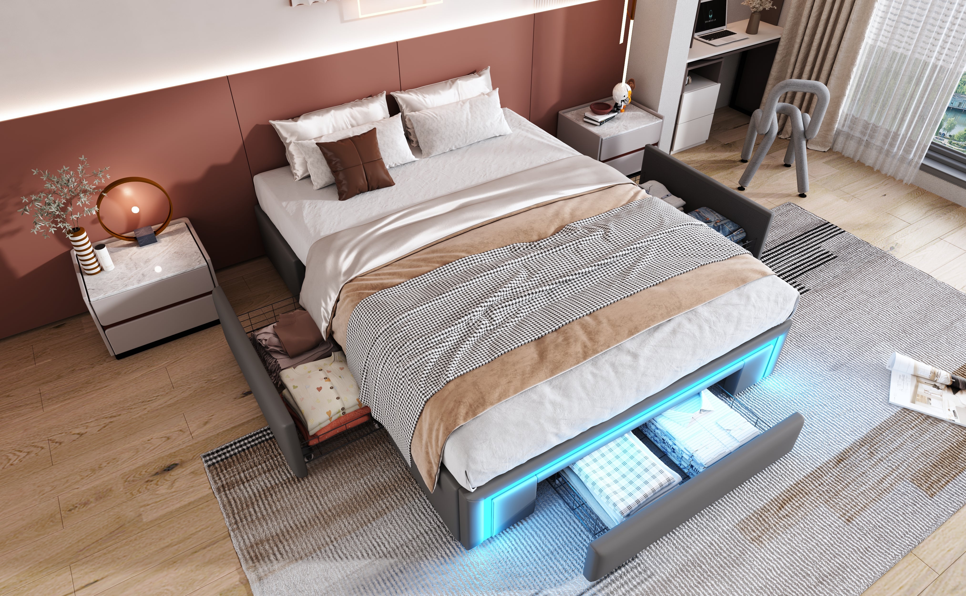 Bed Frame 140x200 with Drawers, LED Light Bar, Metal Slatted Platform, PU Leather, Gray