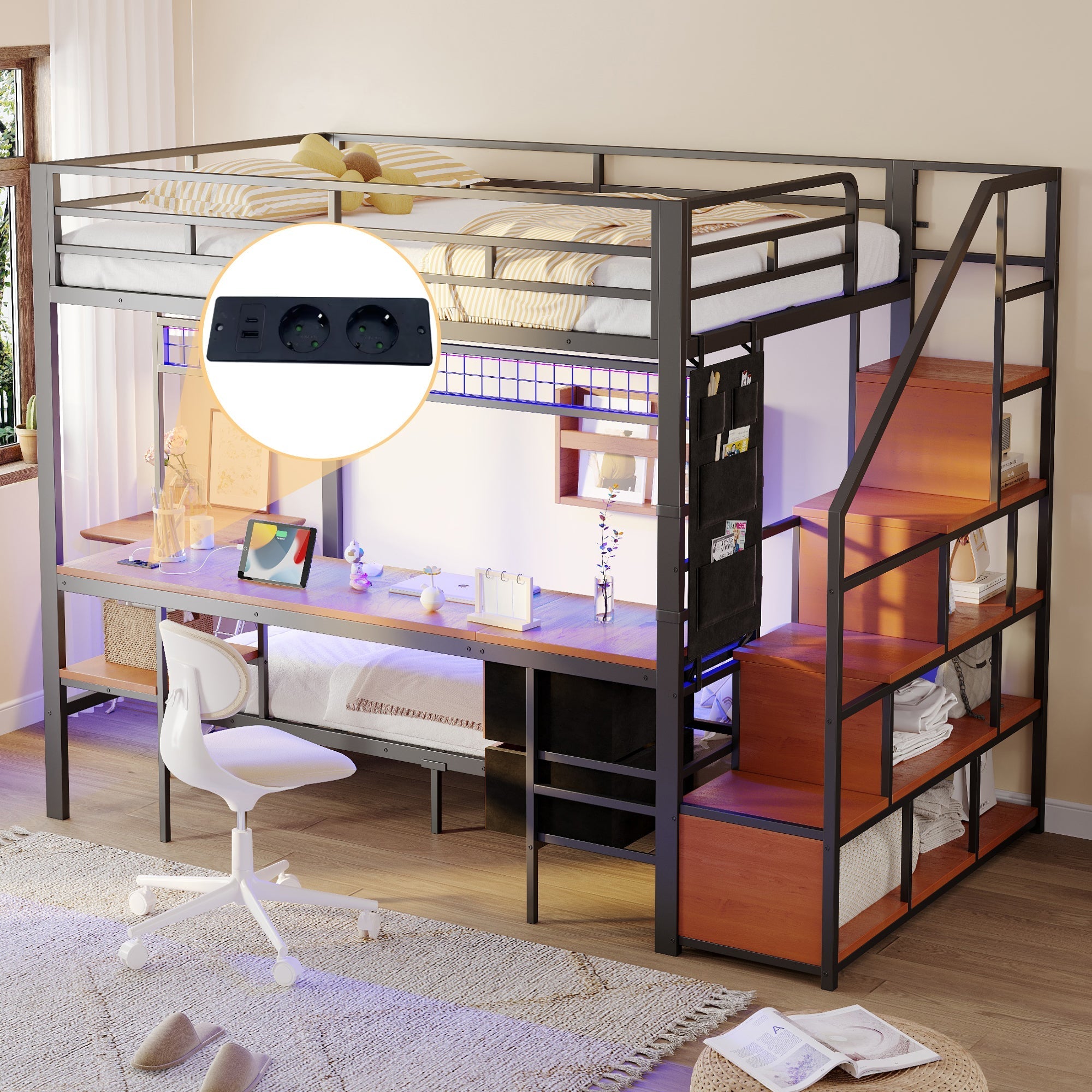 Metal Loft Bunk Bed Multifunctional with Desk LED Light Power Outlets Storage 140x200/90x200 Black