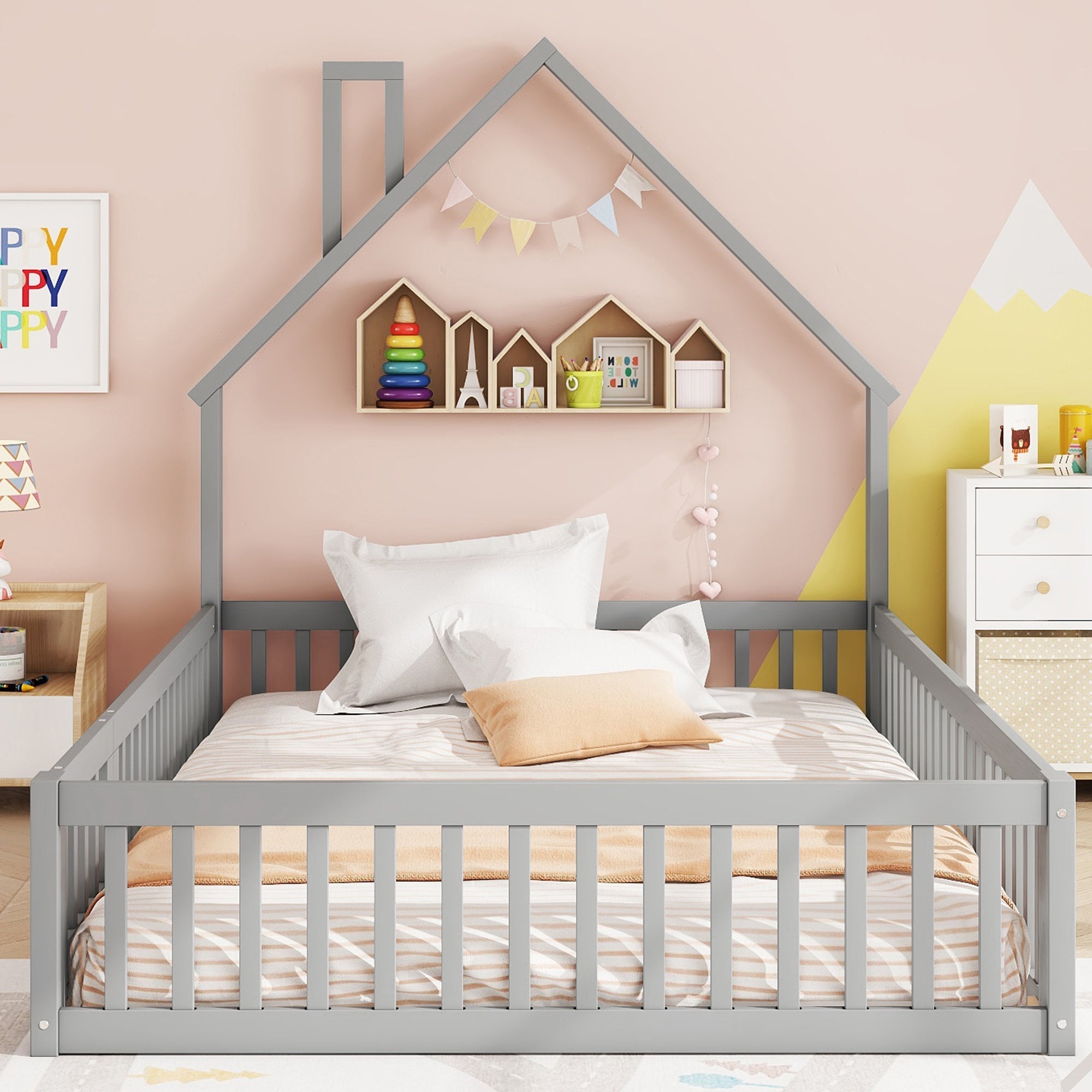 Children's Upholstered Bed with Chimney Shape and Slatted Base, 140x190cm, Grey Pine Wood