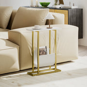 Narrow Side Table End Table Nightstand with Magazine Holder, White Marble Grain