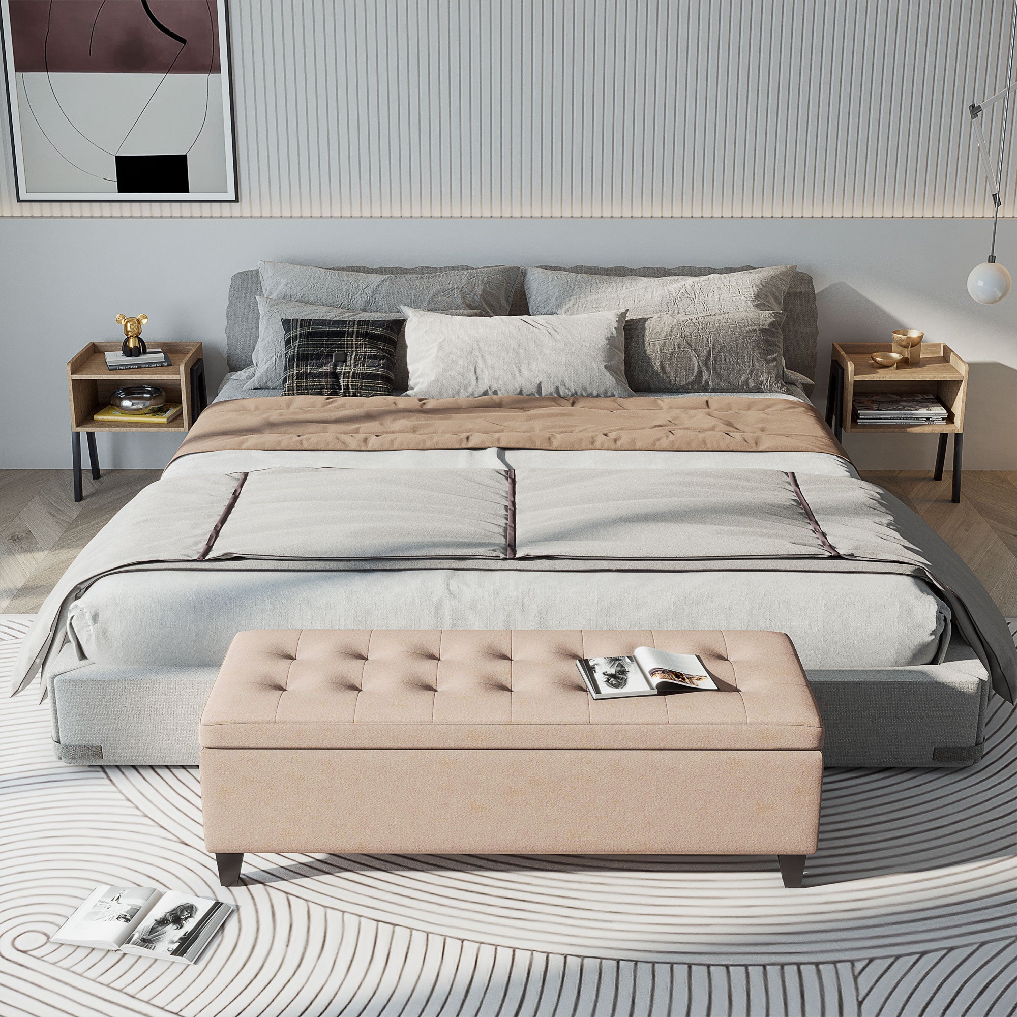 Bench, Upholstered Storage Bed Chest, Linen Beige