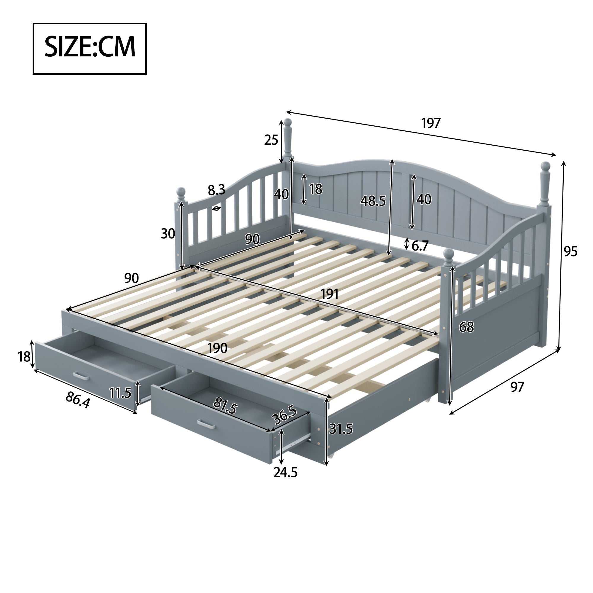 Pull-Out Sofa Bed, Solid Wood with Drawers & Slatted Frame, Pine Wood, Grey