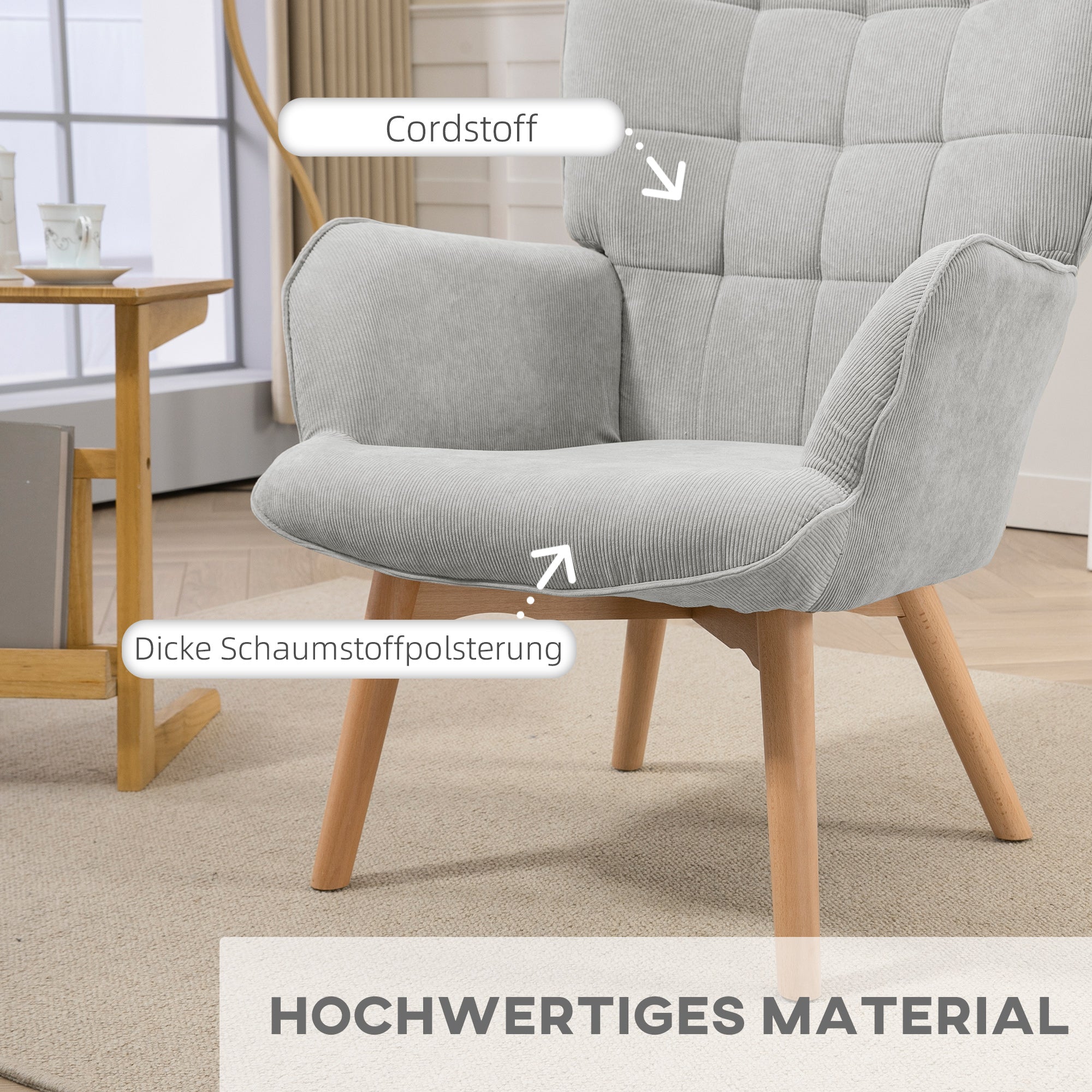 Wingback Chair with Footstool, Upholstered Relaxing Chair, Grey Corduroy