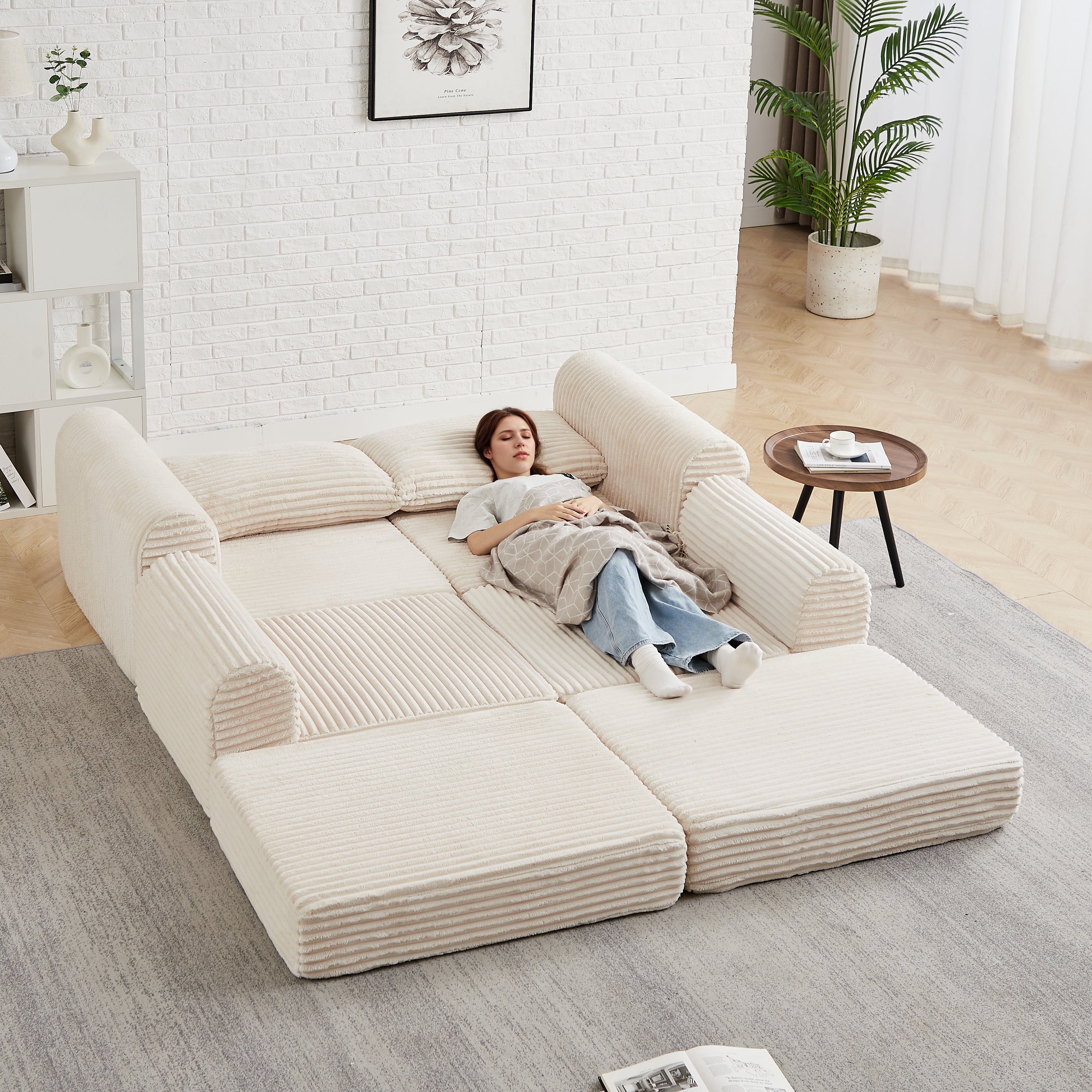 Sofa Bed 2-in-1 Modular, Removable Footstool, Curved Armrests - Corduroy