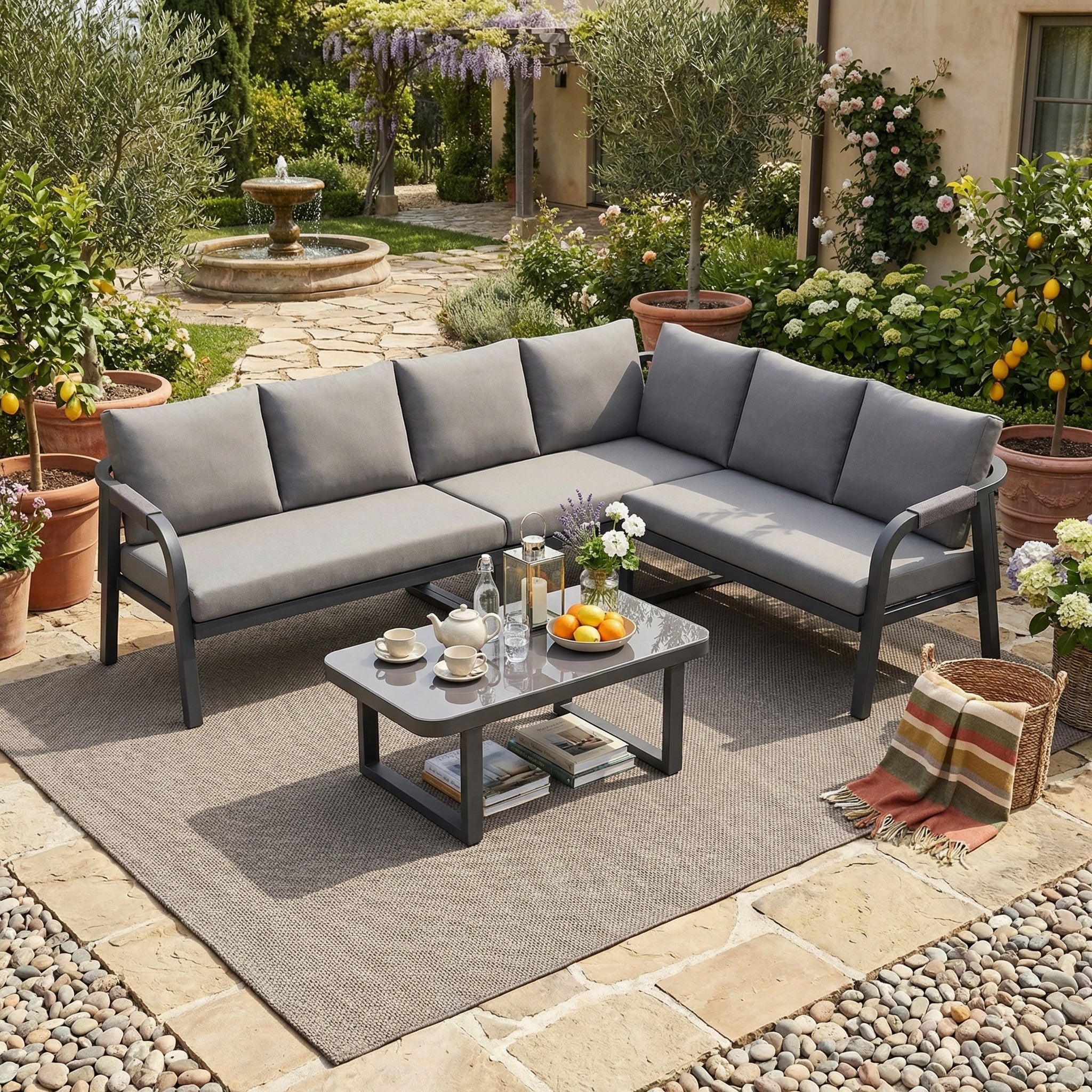 Garden Furniture Set with Corner Sofa and Coffee Table, Seats 6, Grey Galvanized Steel