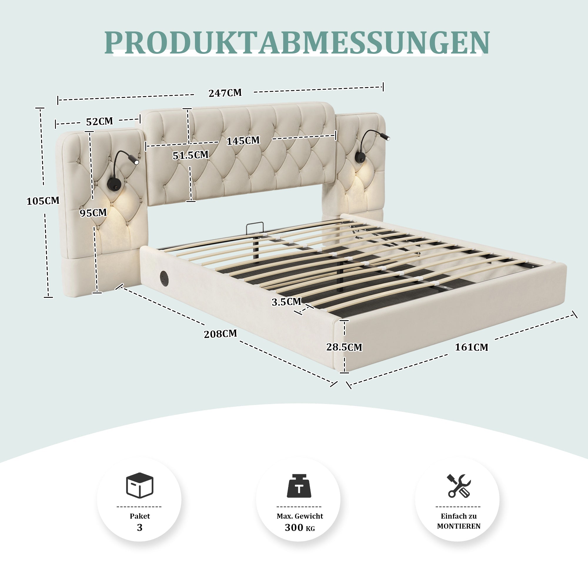 Bed Frame Long Headboard USB/Lamp Hydraulic Storage 160x200cm, Velvet Beige