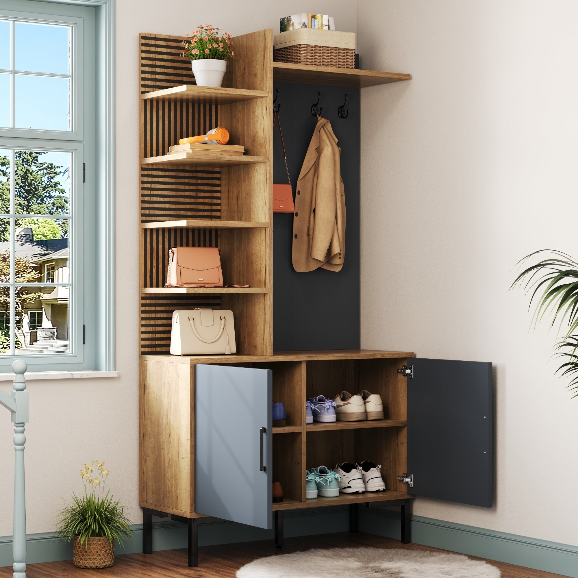 Wardrobe Set with Shoe Compartment, Shelves, Adjustable Dividers, Hooks - Wood and Black