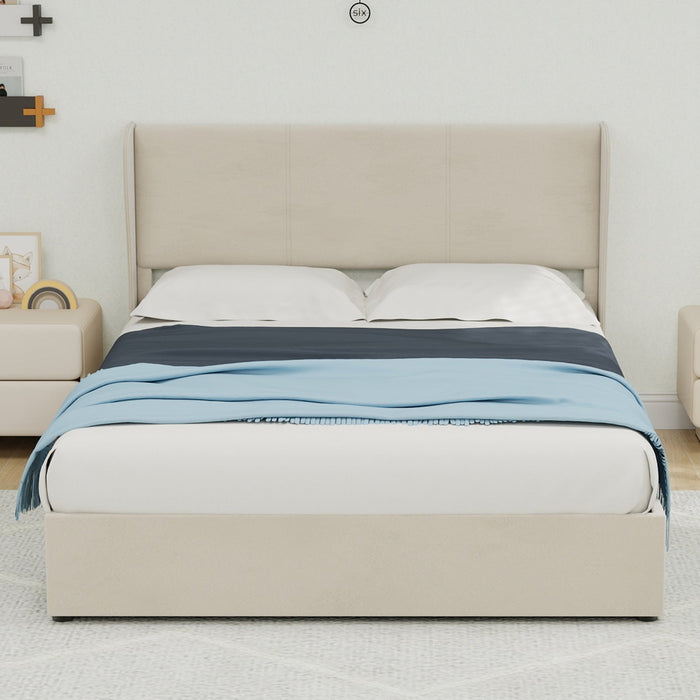 Modern Minimalist Upholstered Bed, 140x200 cm with Gas Lift Storage and Headboard, Beige
