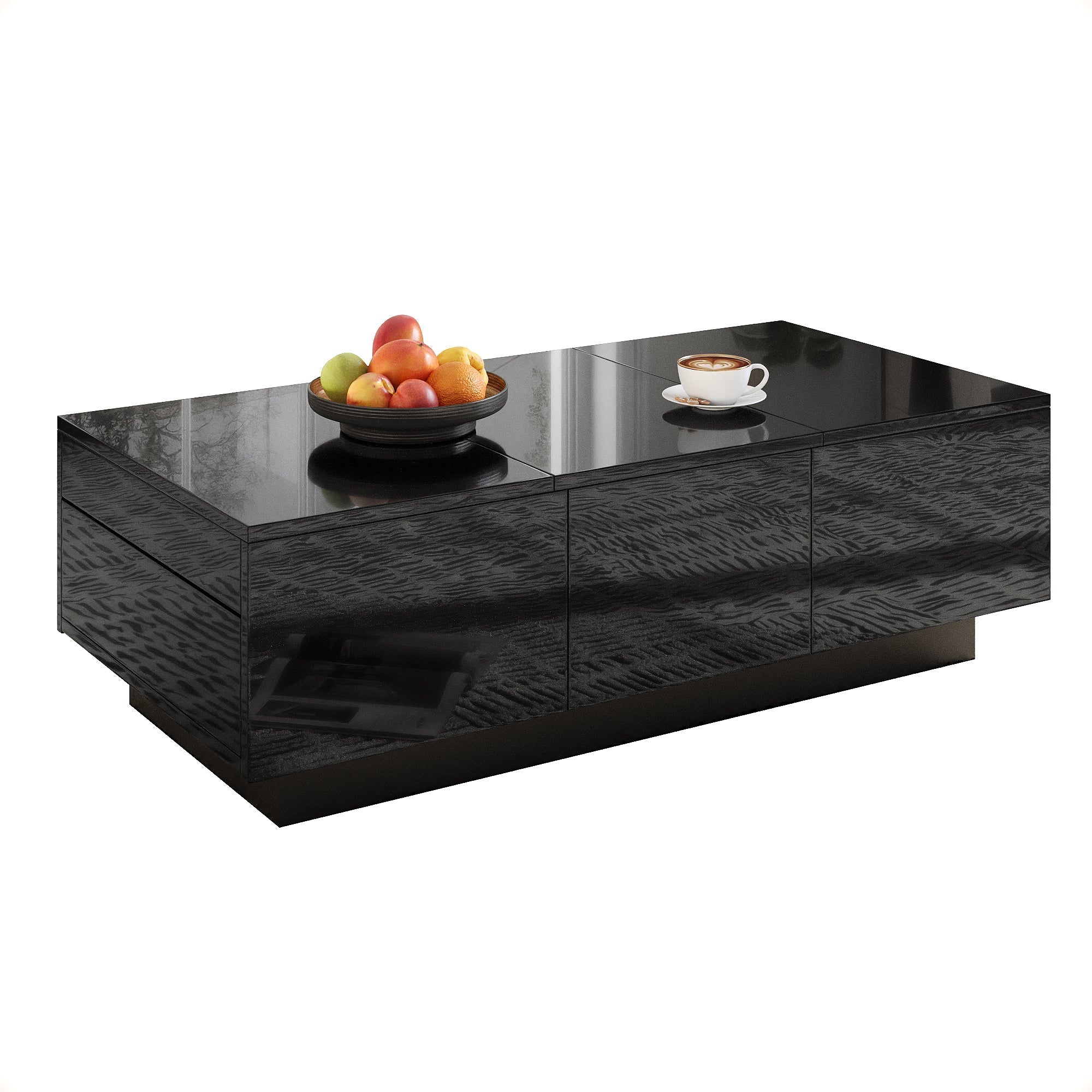 Coffee Table Modern Rectangular High-Gloss with Drawers Sliding Compartment Black