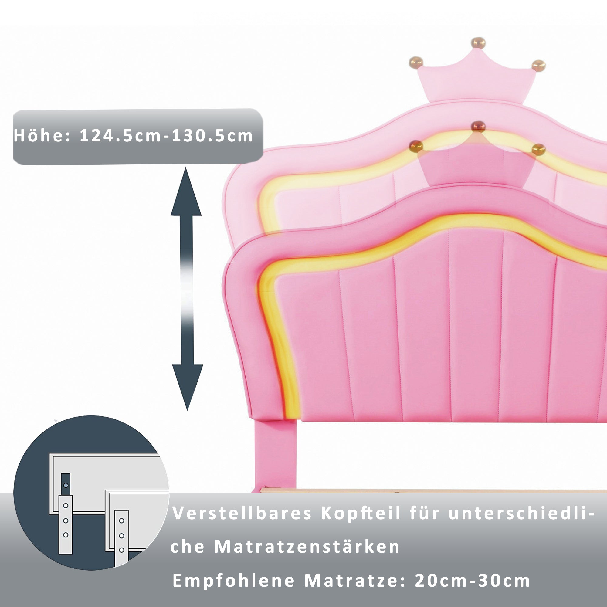 Children's Bed, Upholstered with Storage Drawers & LED Lights, Pink PU Leather