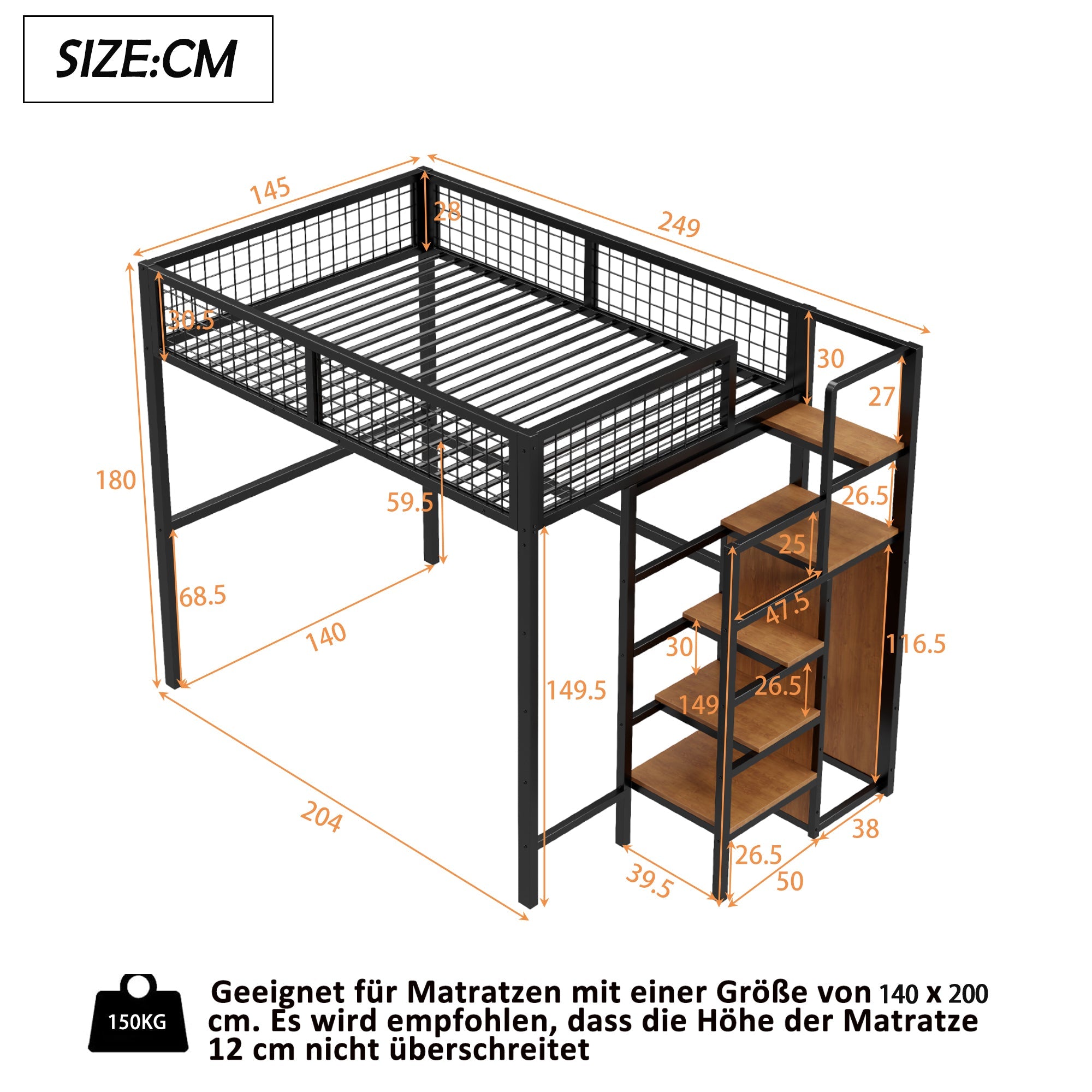 Loft Bed 140*200, Ladder & Storage, Iron Frame, Black