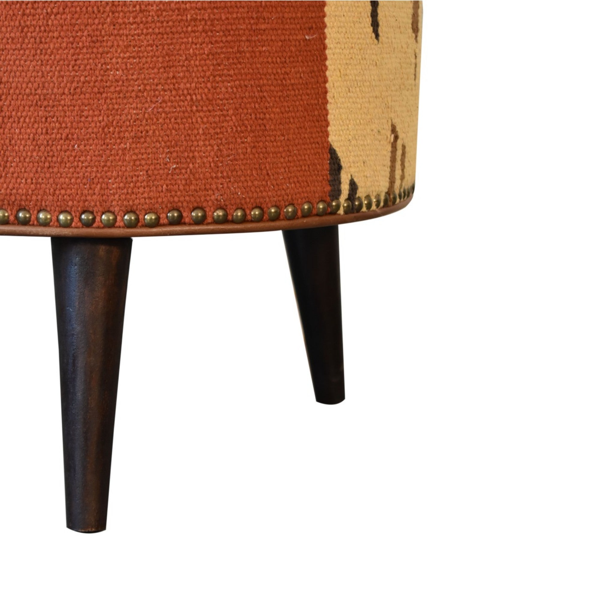 Solid Wood Footstool, Bohemian Durrie and Leather, Multicolor