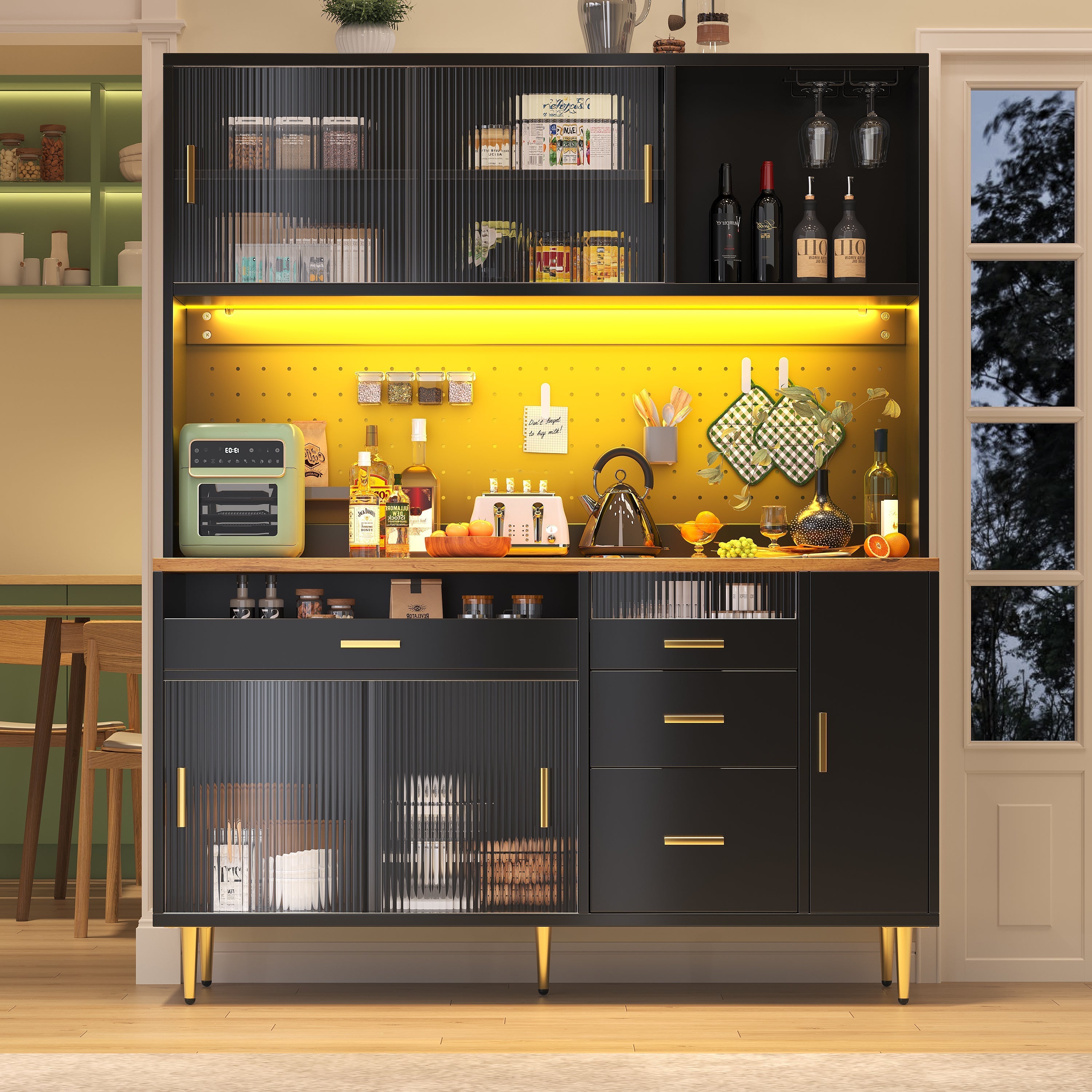 Tall Cabinet LED Lighting Pegboard Shelves Black