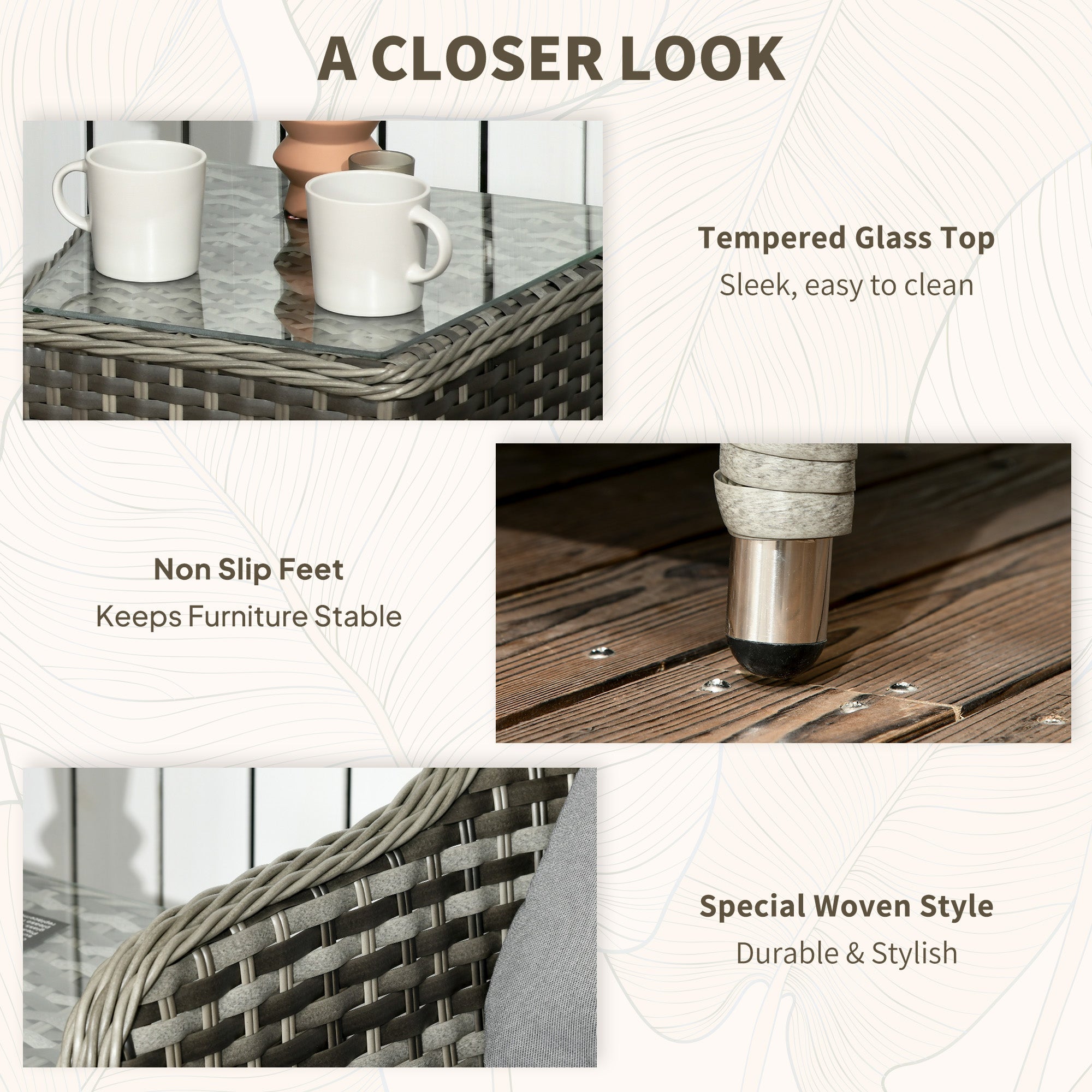 Rattan Bistro Set, 3 Piece Wicker Glass Table and Chairs with Cushions, Grey