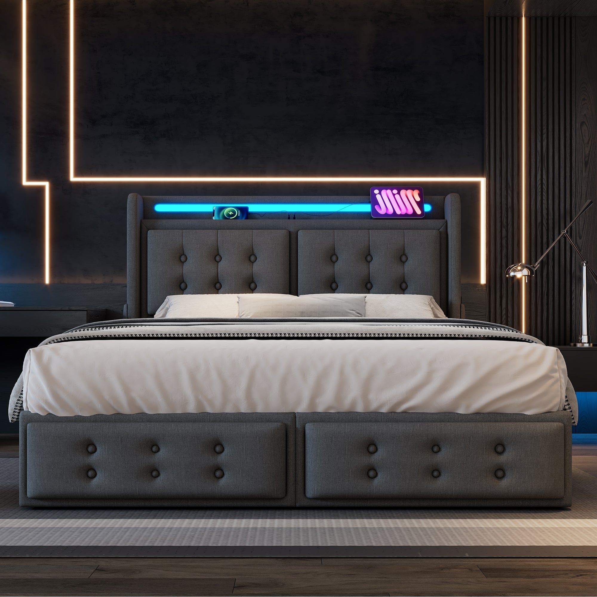 Upholstered Bed, 140x200 Double with LED Headboard, USB C & 4 Drawers, Gray Cotton