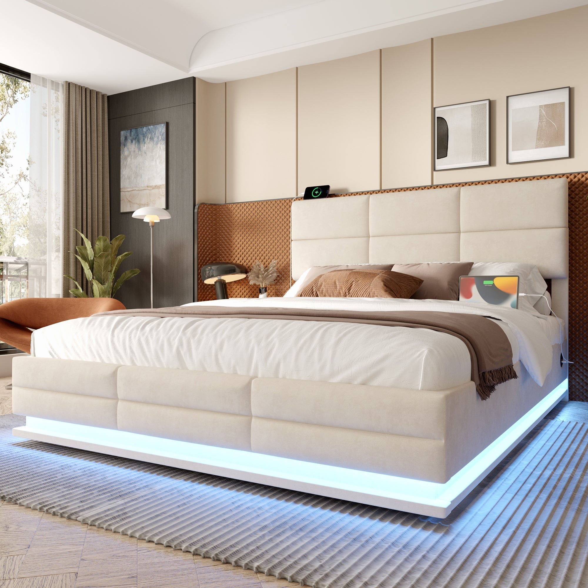 Modern Upholstered Bed 150x200cm, USB/LED, Hydraulic Storage, Beige Velvet