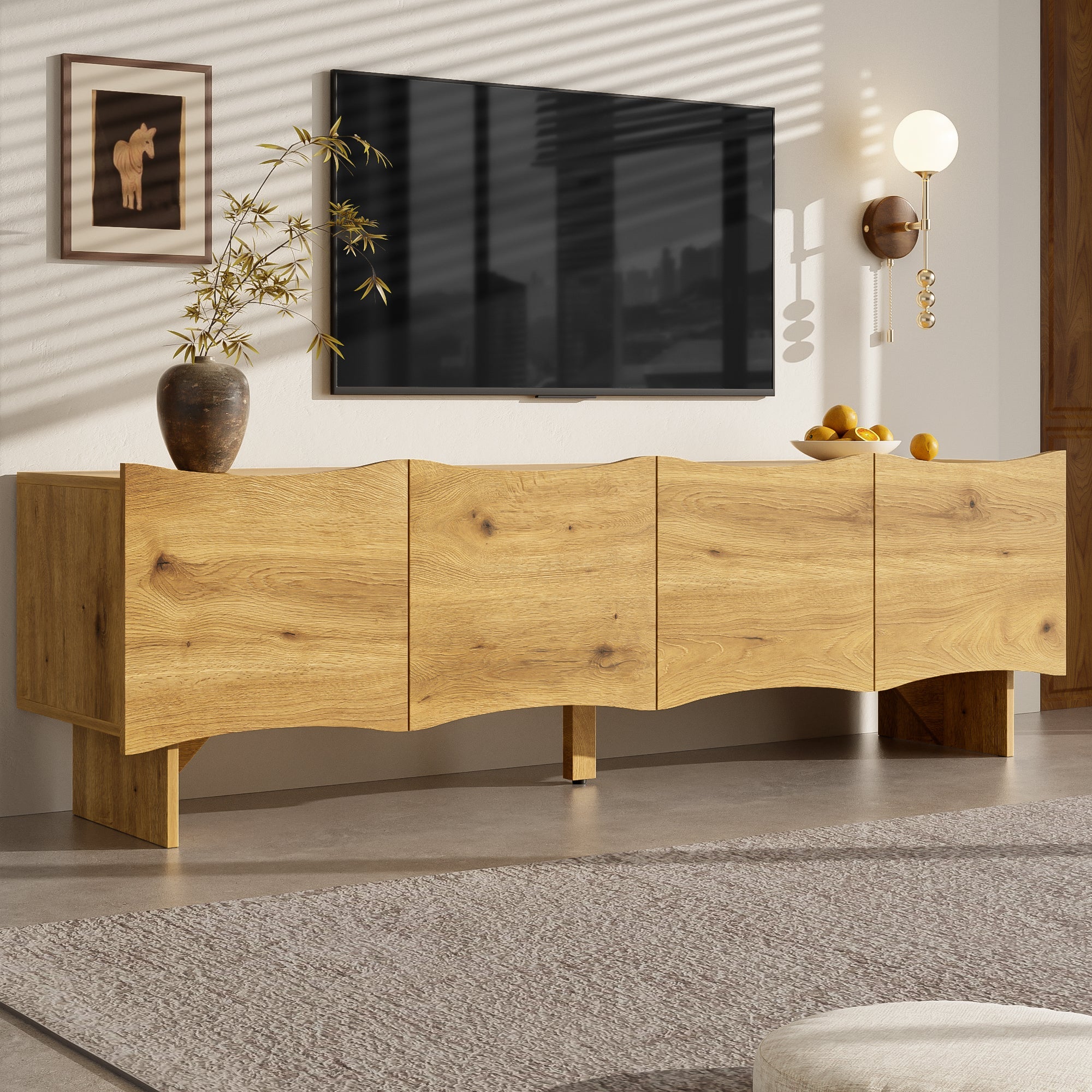 Modern TV Cabinet, 155cm Media Console with 4 Doors & Storage, Wood Look