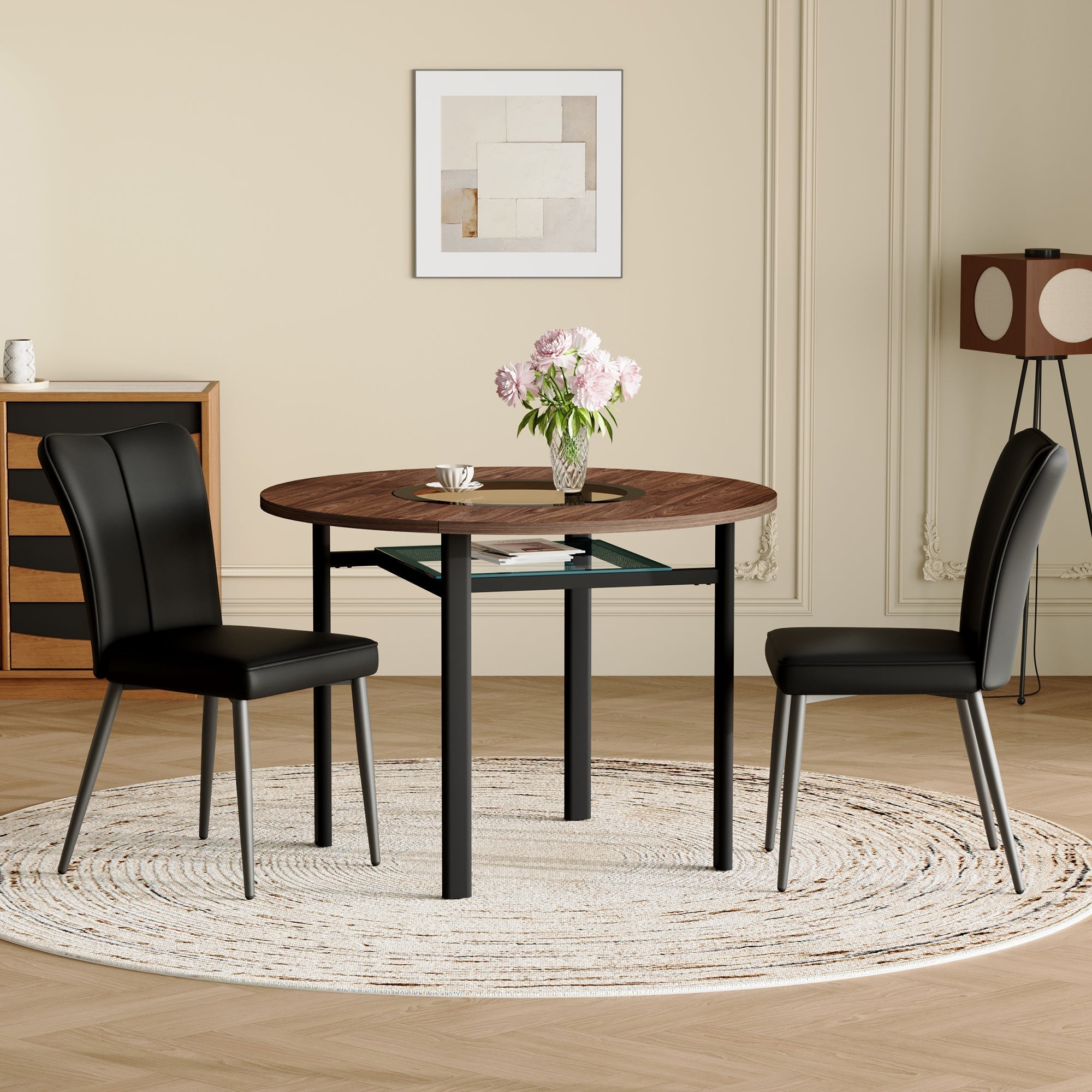 Dining Table Set Round 100cm Wood Look 2 Chairs - Black PU