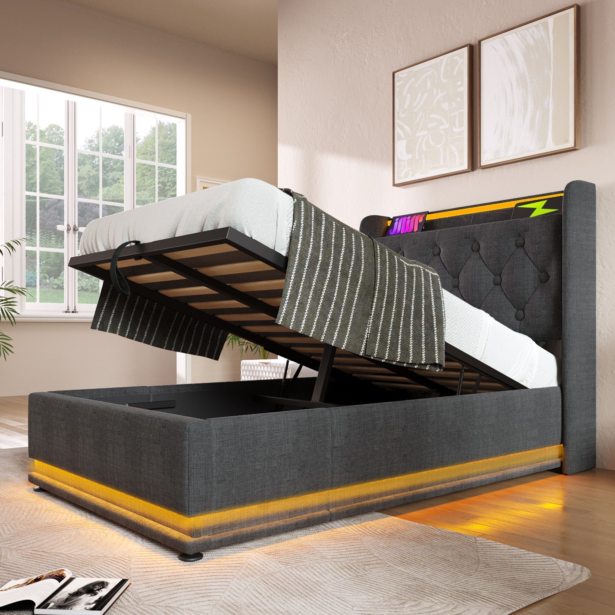 Upholstered Single Bed, 360-Degree LED, Hydraulic Storage, USB Type-C, Gray Linen