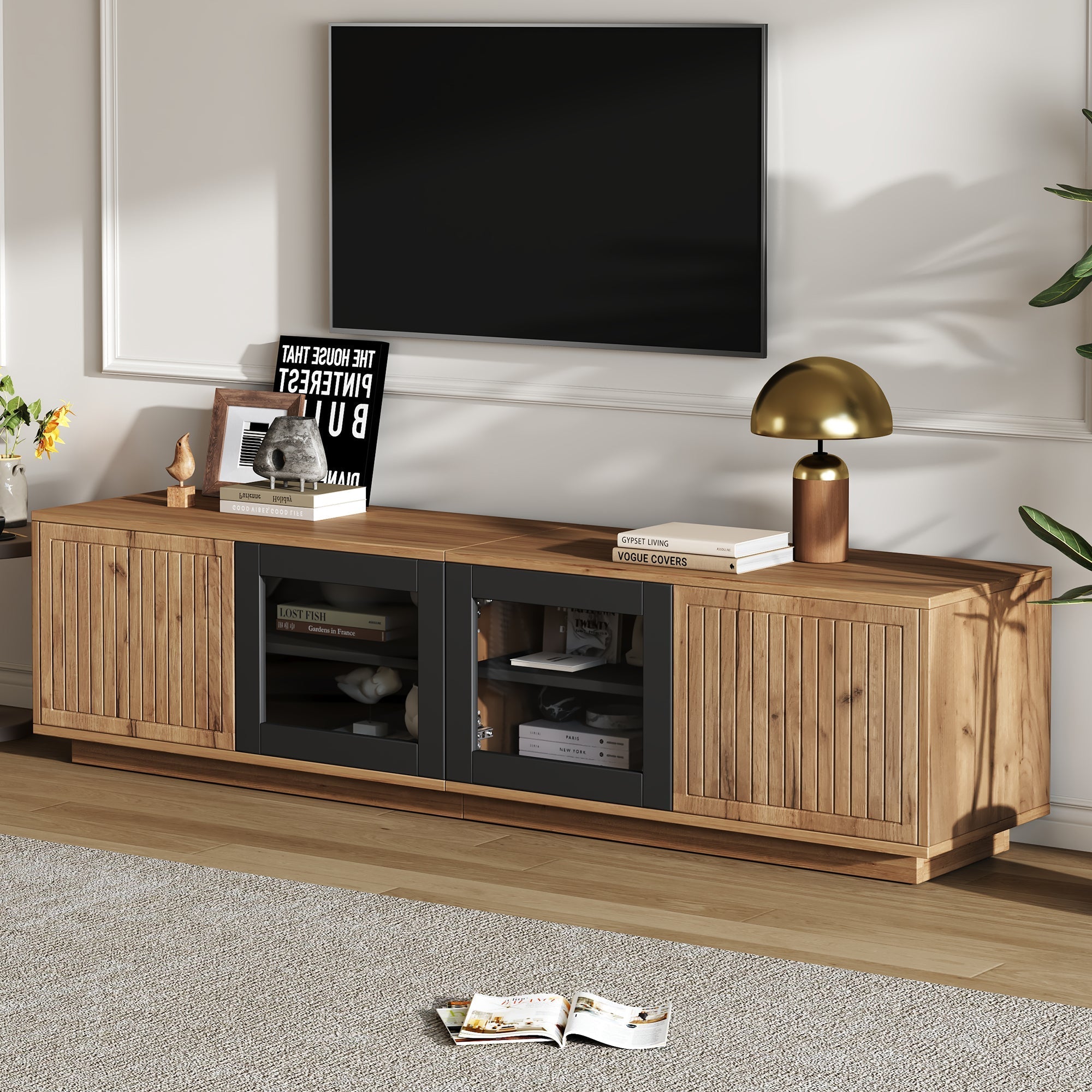 TV Cabinet 180cm for 75 Inch TV, LED Light Strip, Natural Wood & Black Glass